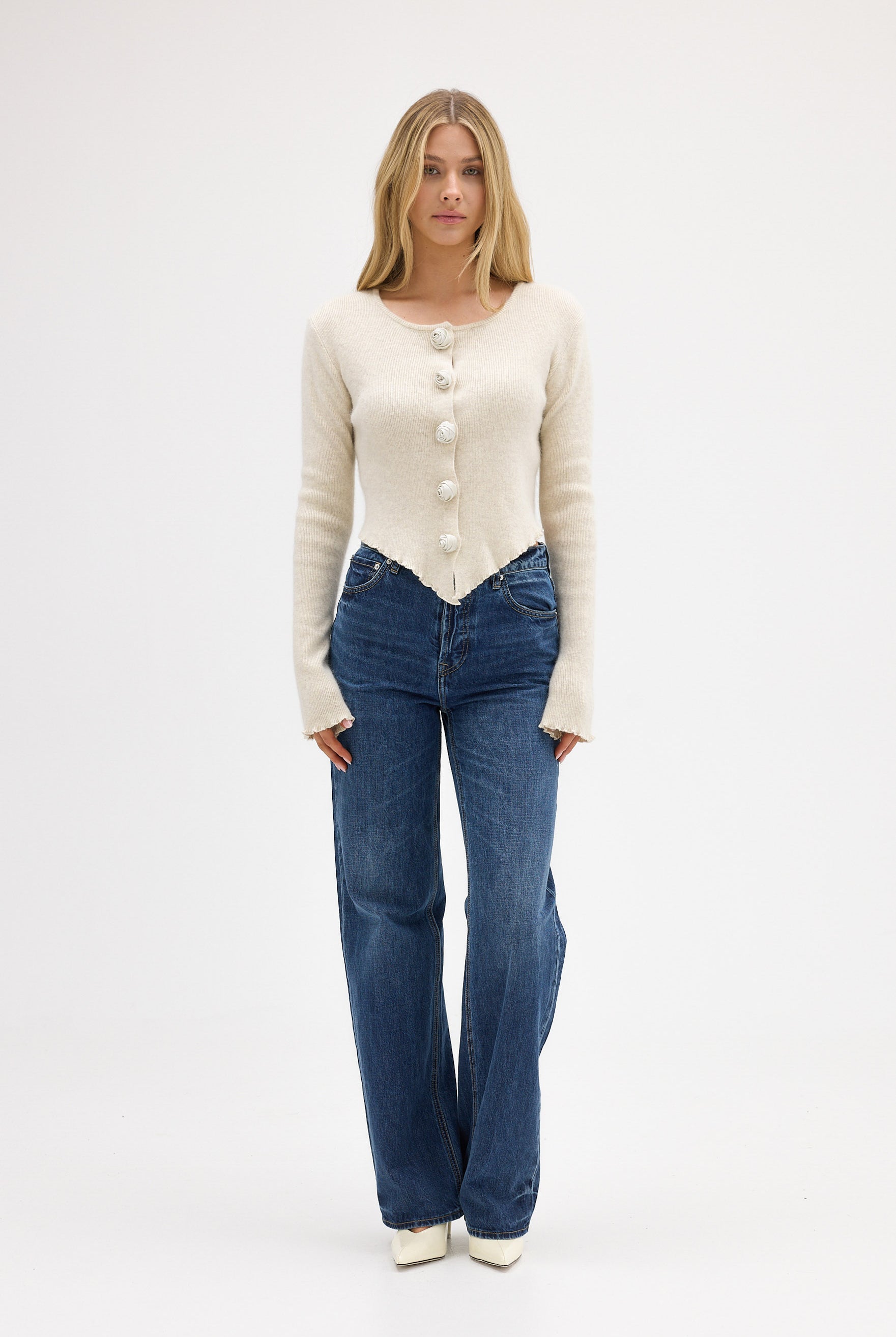 bubish Rosette Cardigan Oatmeal TOP