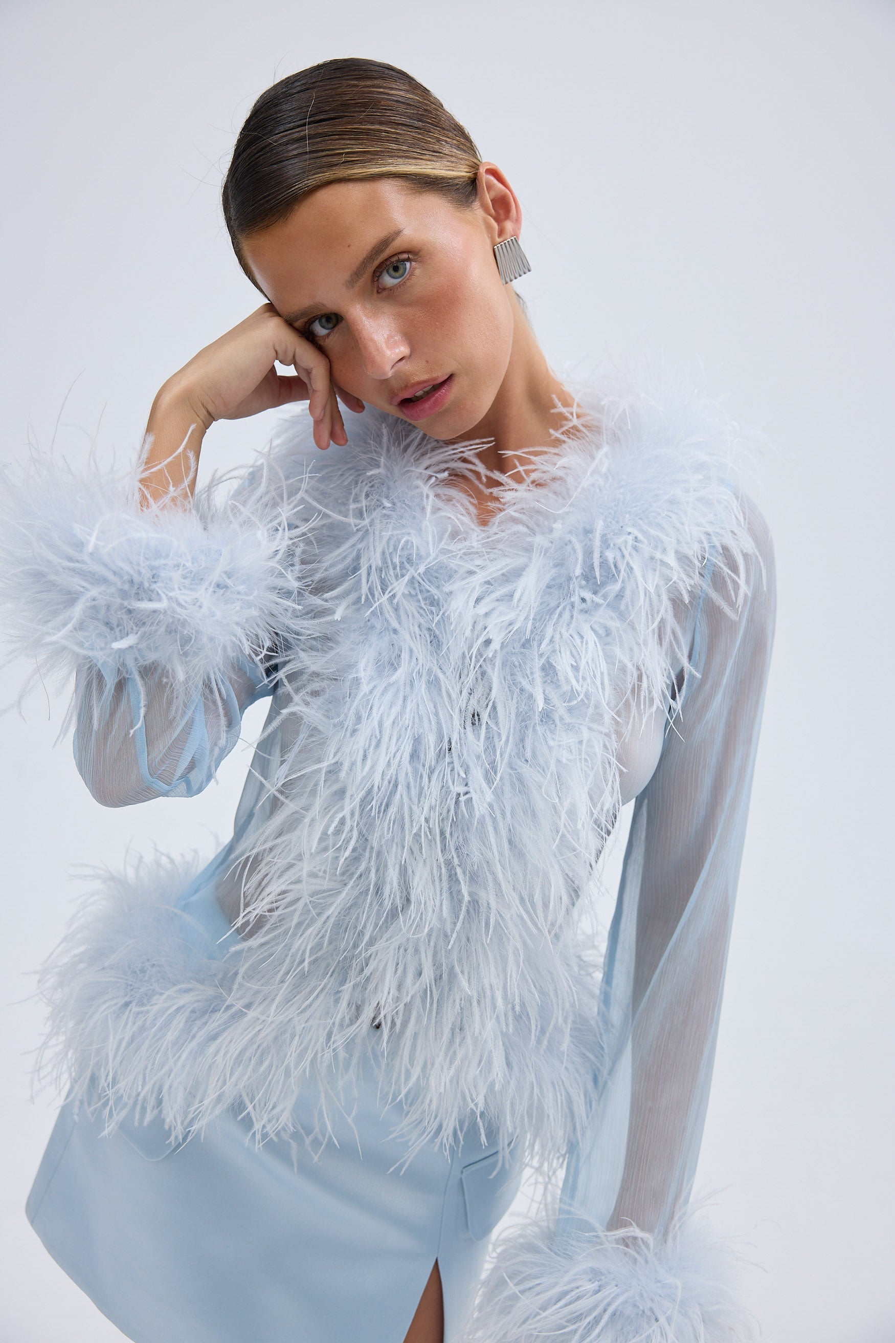 Bubish Gigi Sheer Feather Blouse Pale Blue TOP