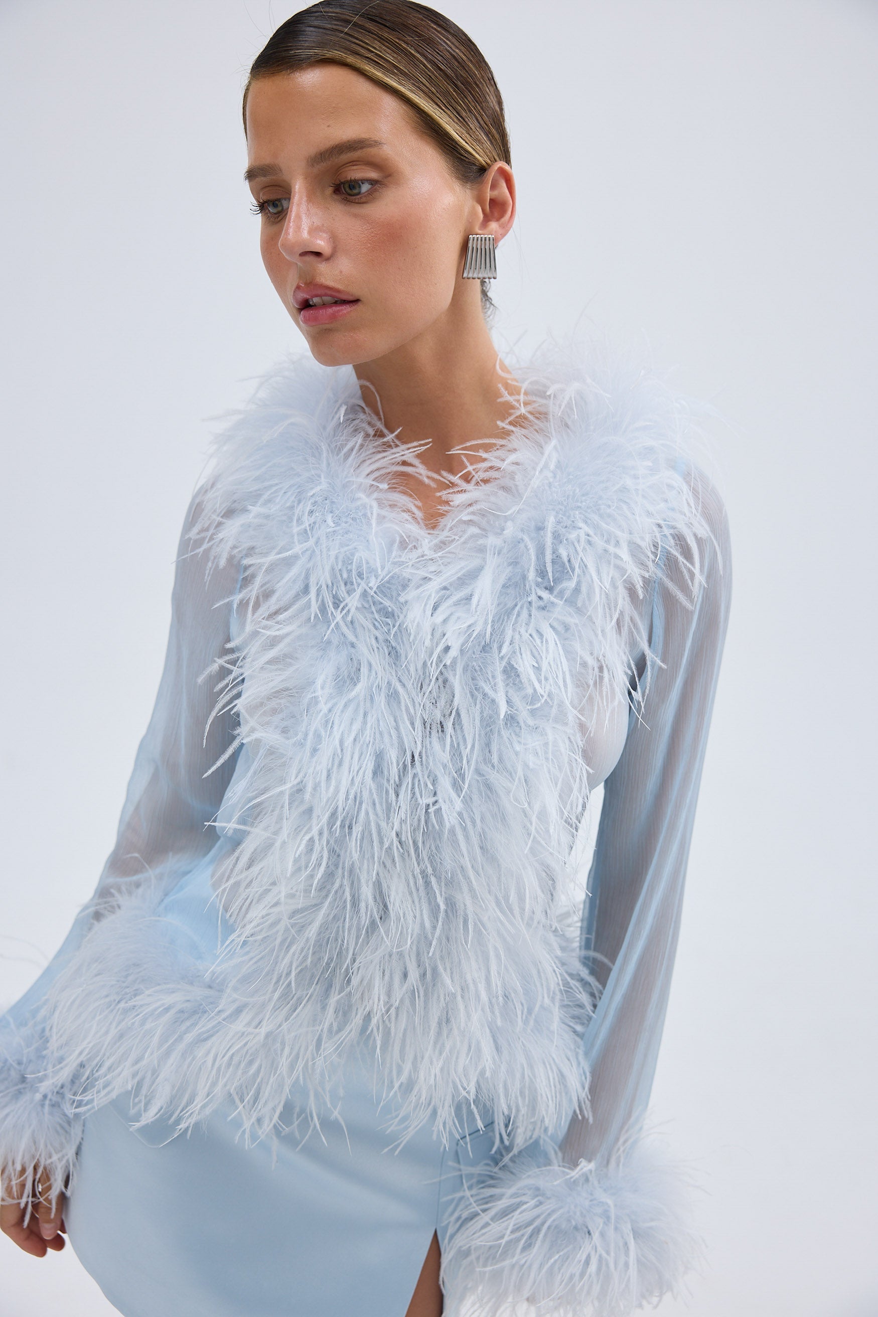 Bubish Gigi Sheer Feather Blouse Pale Blue TOP