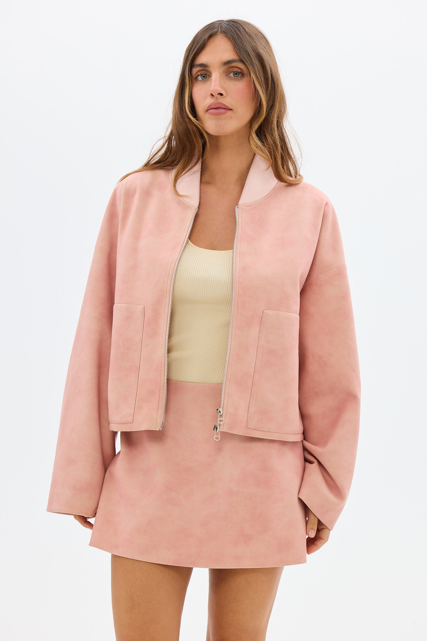 bubish Cassie Faux Suede Bomber Jacket Blush JACKET