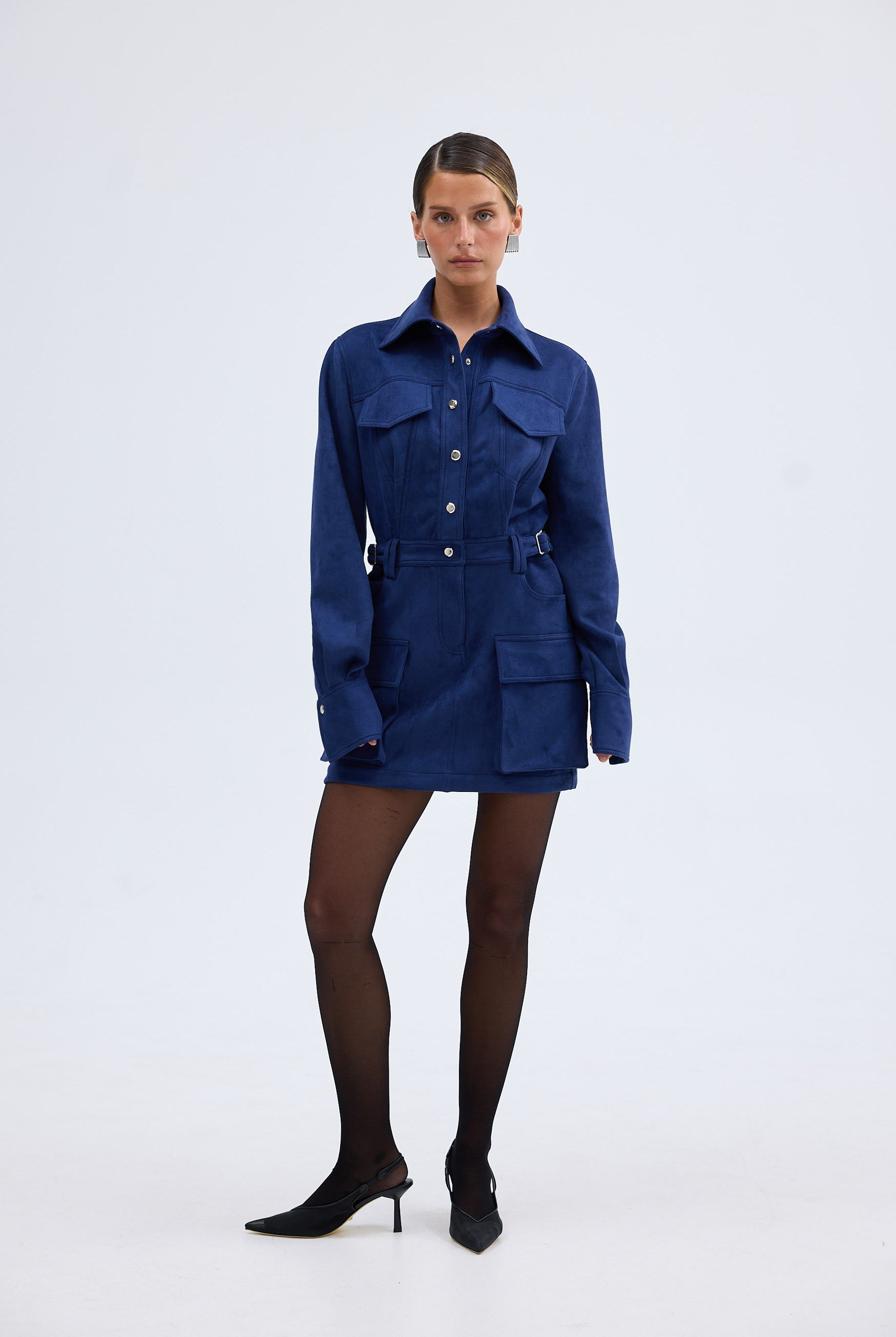 bubish Celine Faux Suede Shirt Dress Navy DRESS