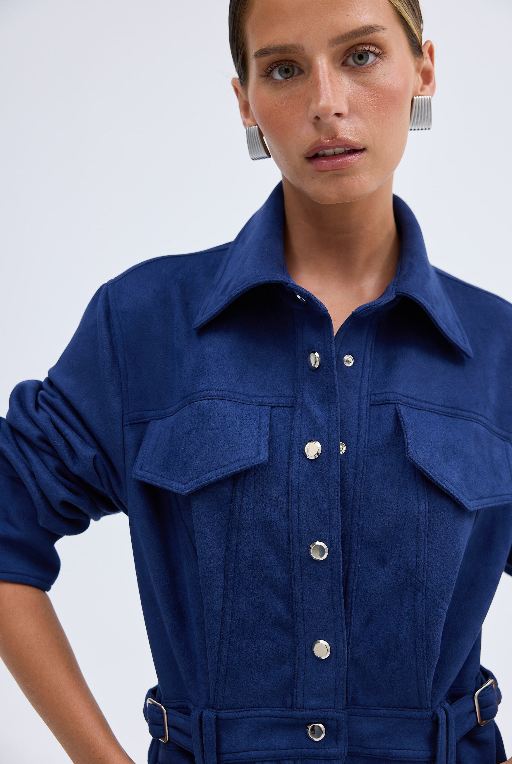 bubish Celine Faux Suede Shirt Dress Navy DRESS