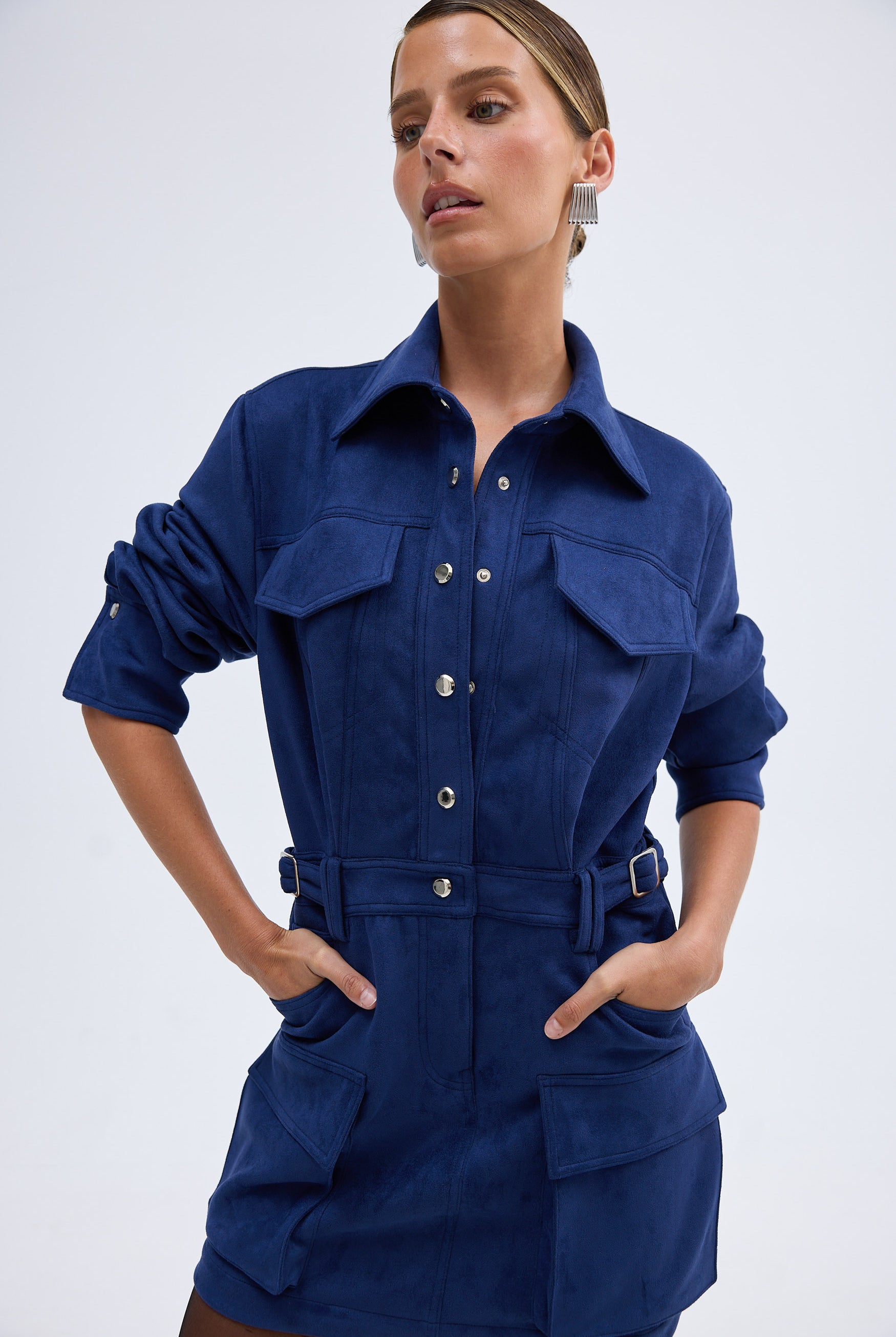 bubish Celine Faux Suede Shirt Dress Navy DRESS