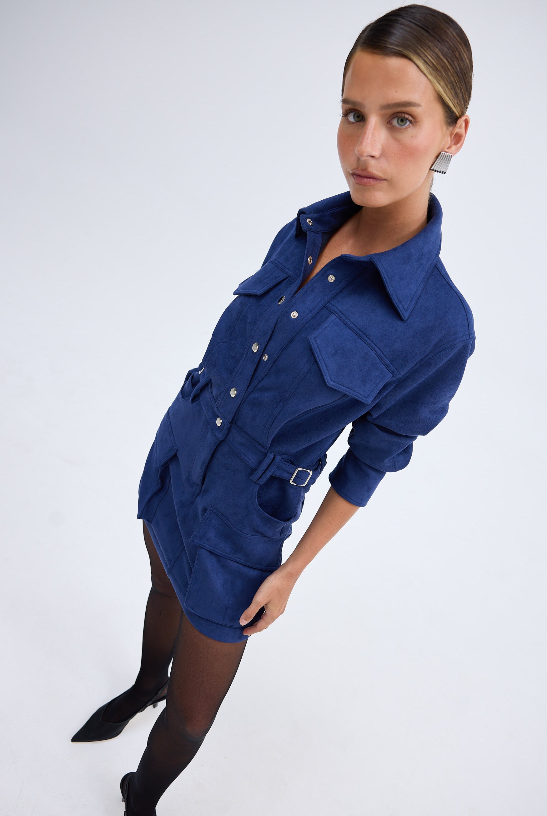 bubish Celine Faux Suede Shirt Dress Navy DRESS