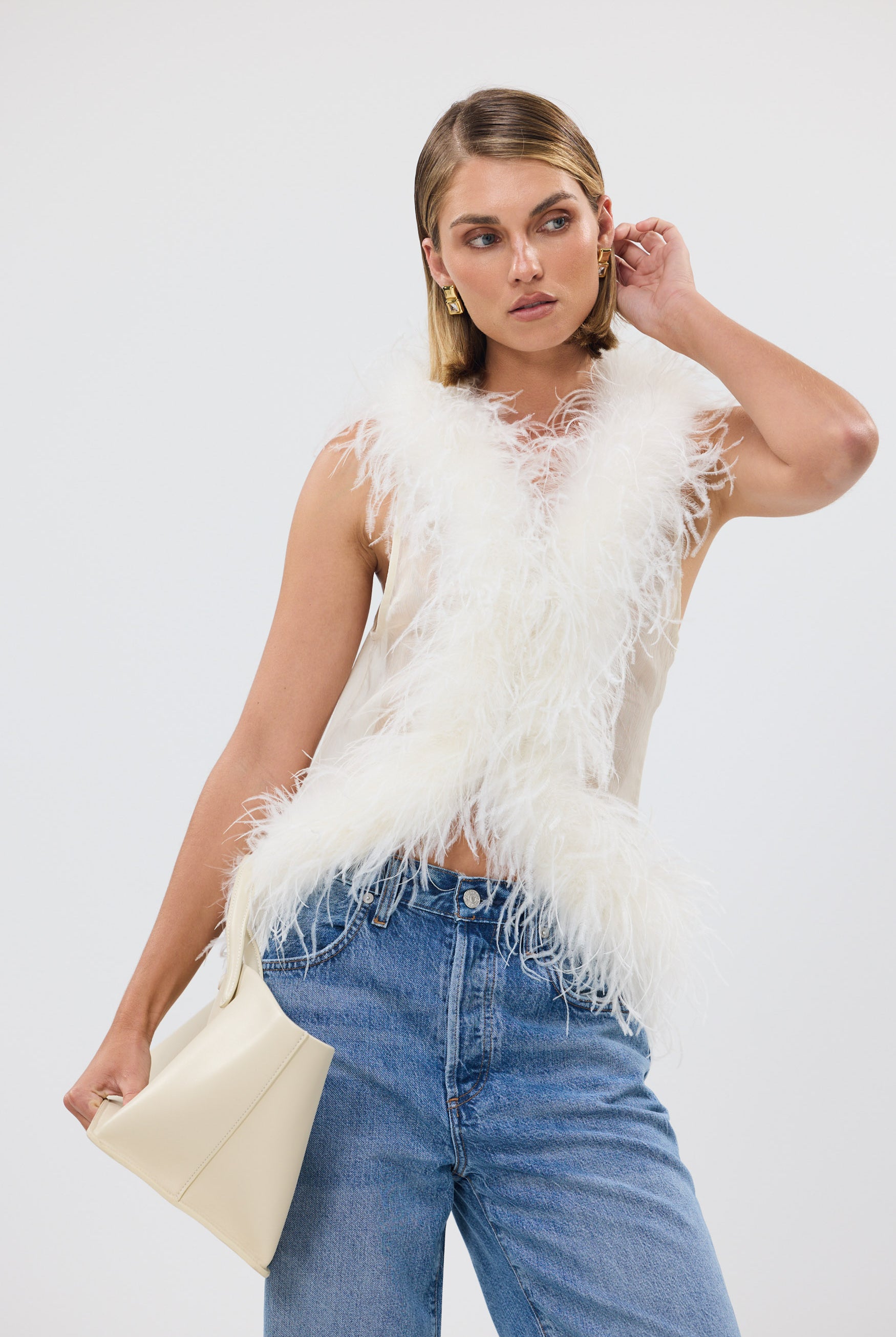 bubish Gigi Sheer Feather Vest Ivory. PARTY TOP