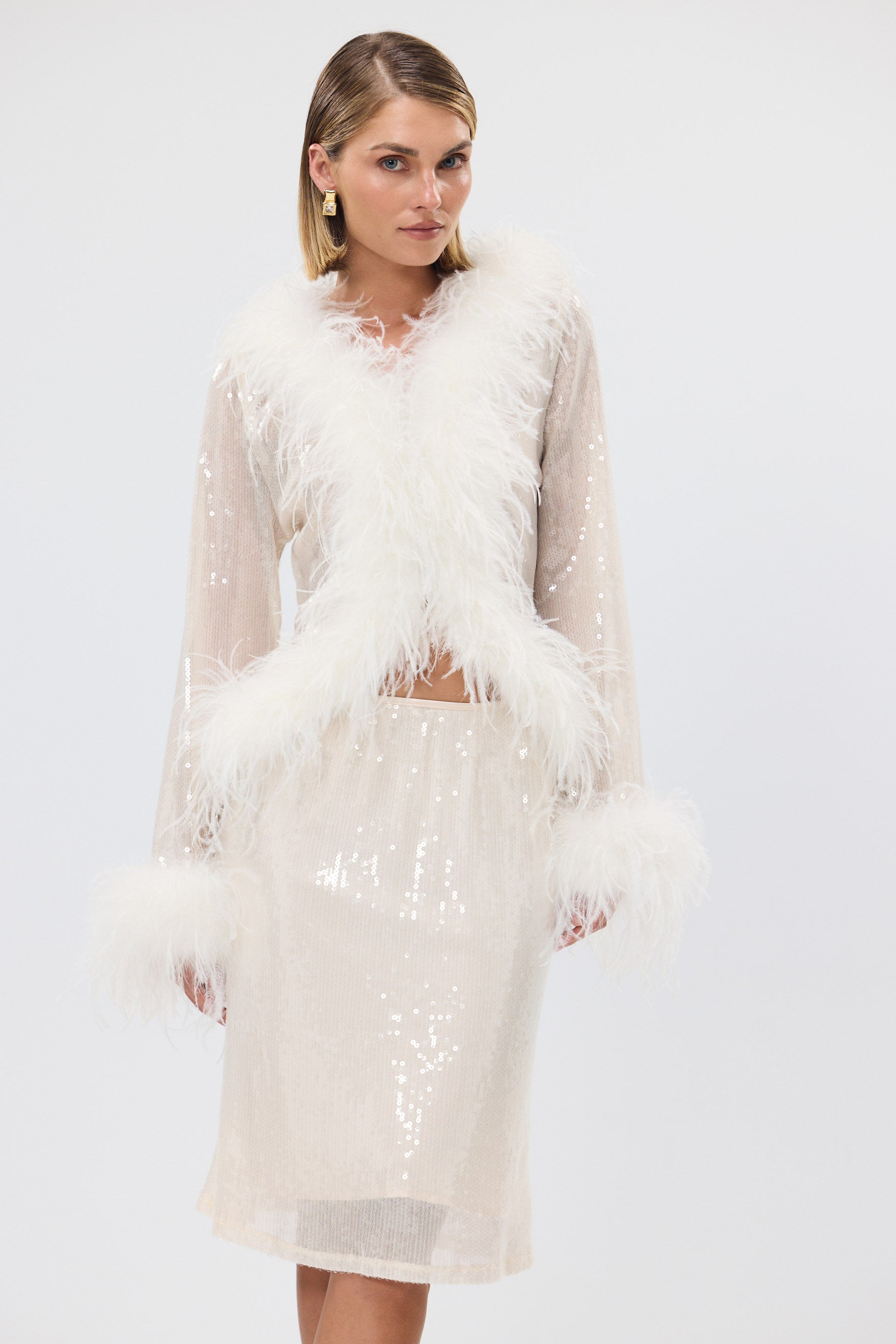 bubish Gigi Sheer Feather Blouse Ivory Sequin SEQUIN FEATHER TOP