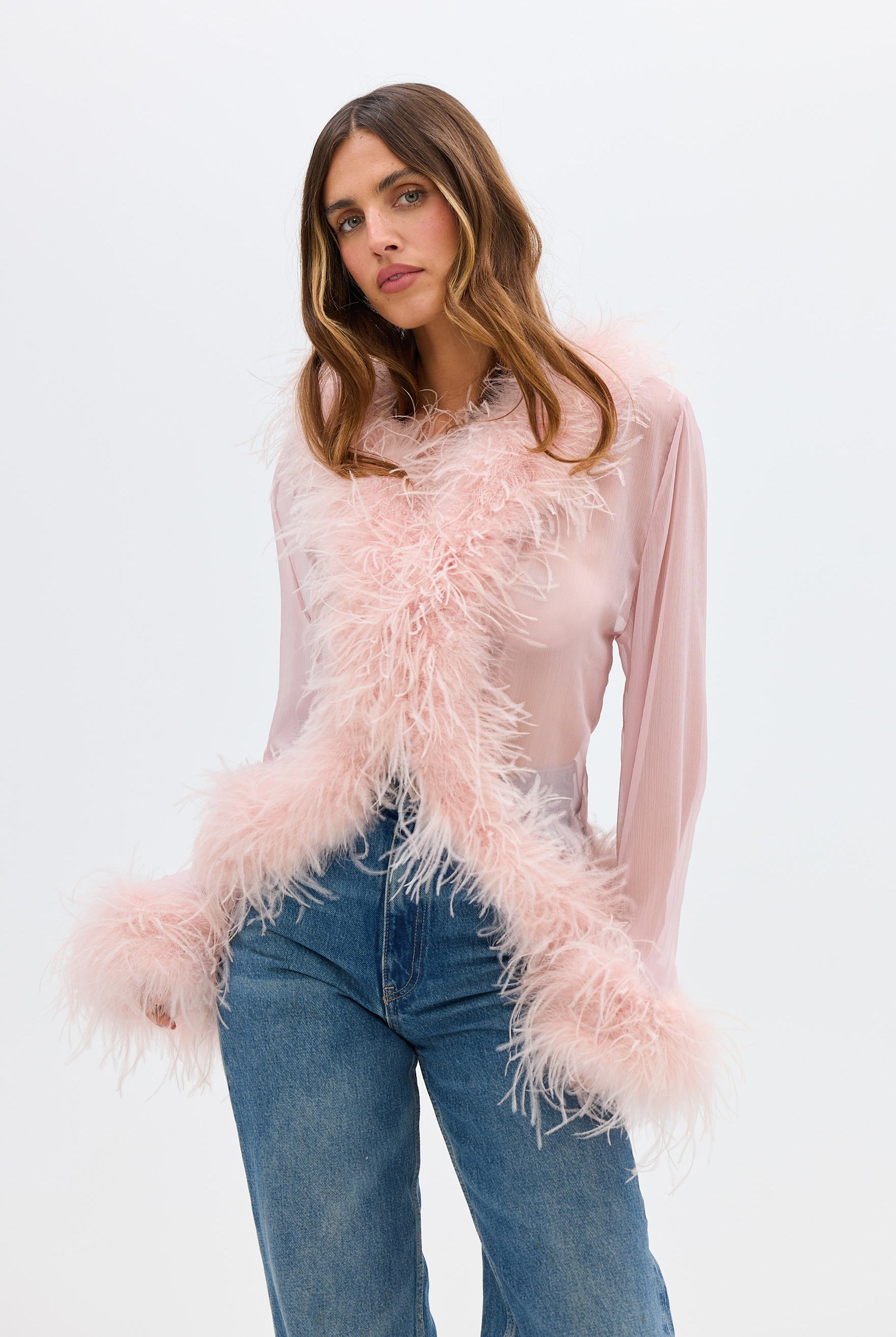 bubish Gigi Sheer Feather Blouse Blush TOPS