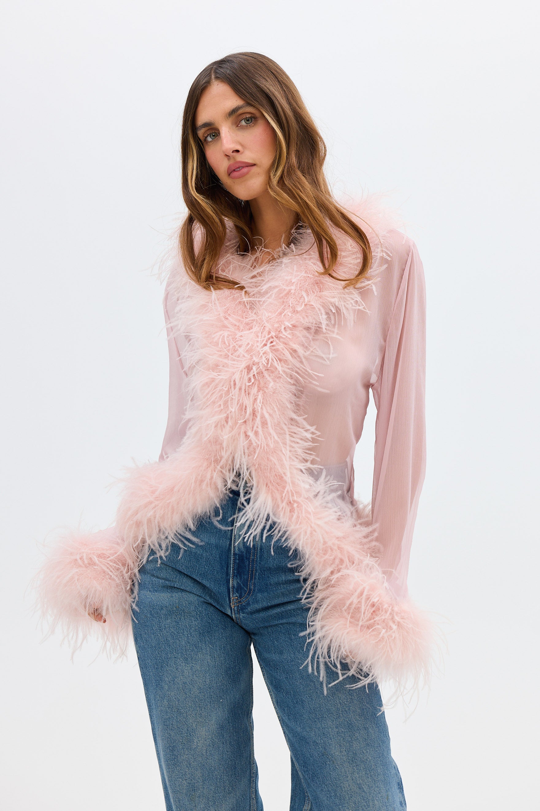 bubish Gigi Sheer Feather Blouse Blush TOPS
