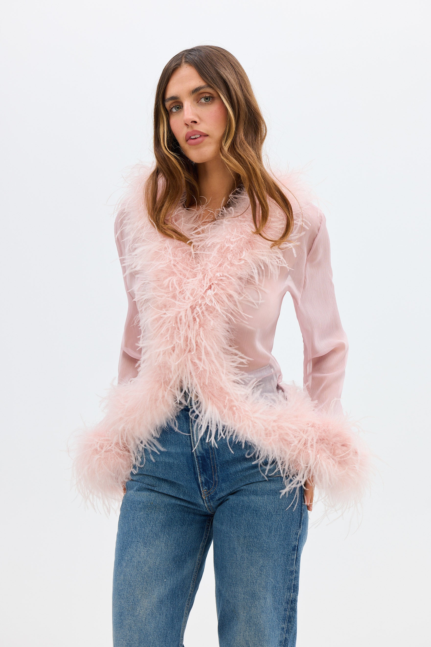 bubish Gigi Sheer Feather Blouse Blush TOPS