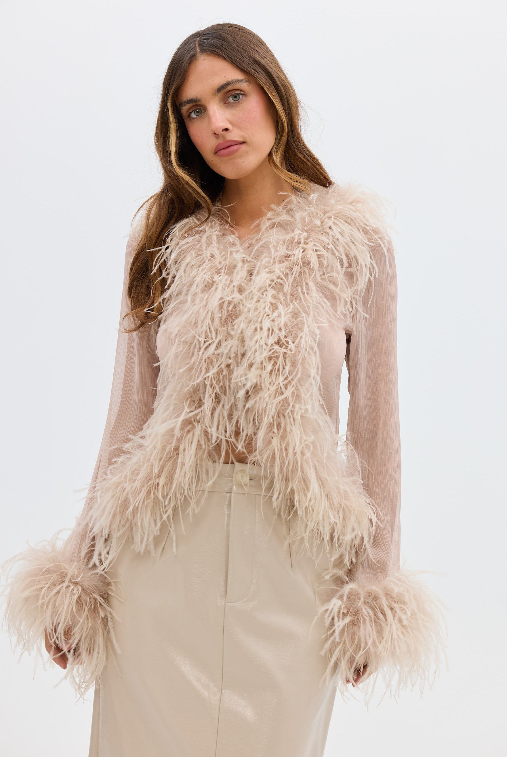 bubish Gigi Sheer Feather Blouse Caramel FEATHER TOP