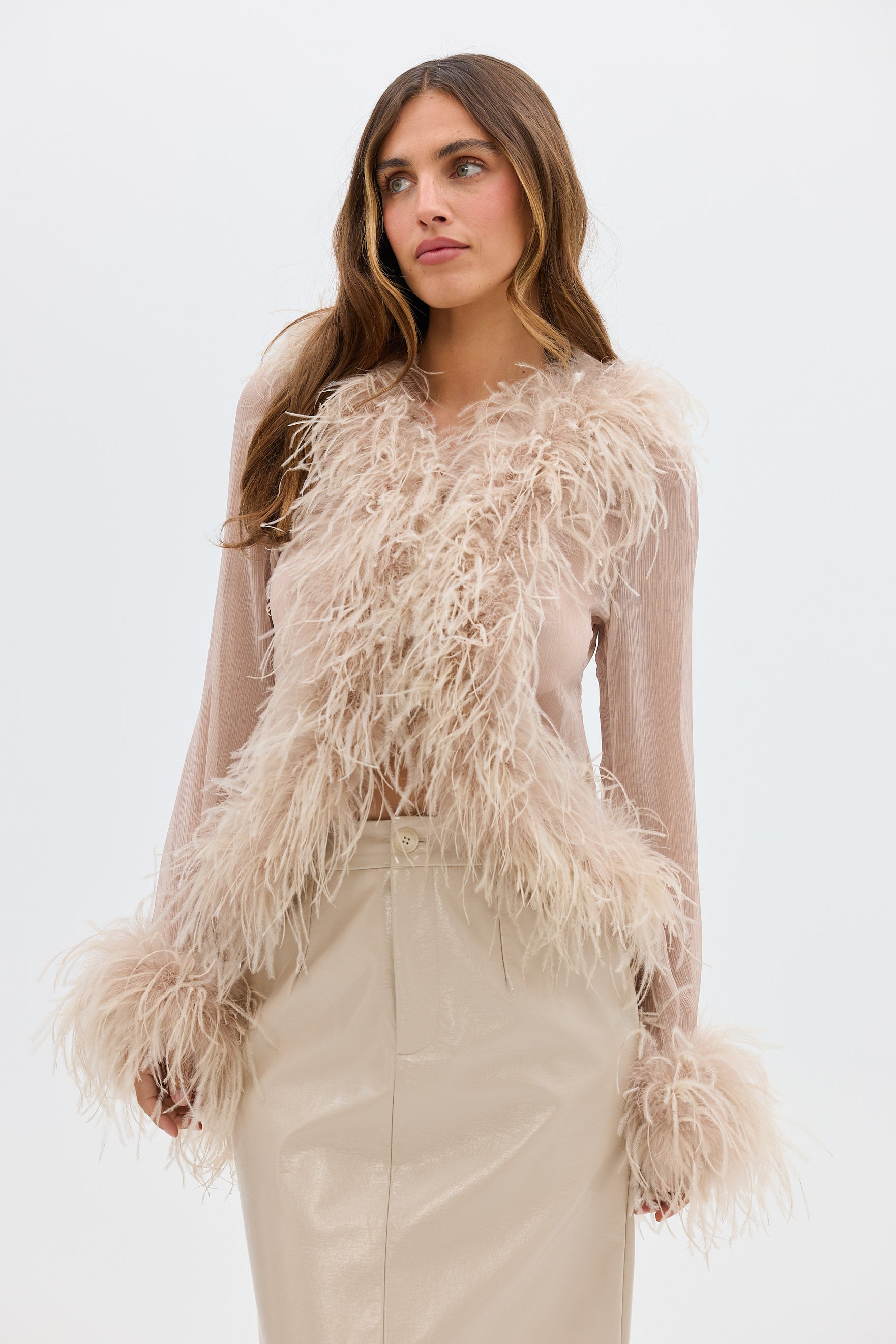 bubish Gigi Sheer Feather Blouse Caramel FEATHER TOP