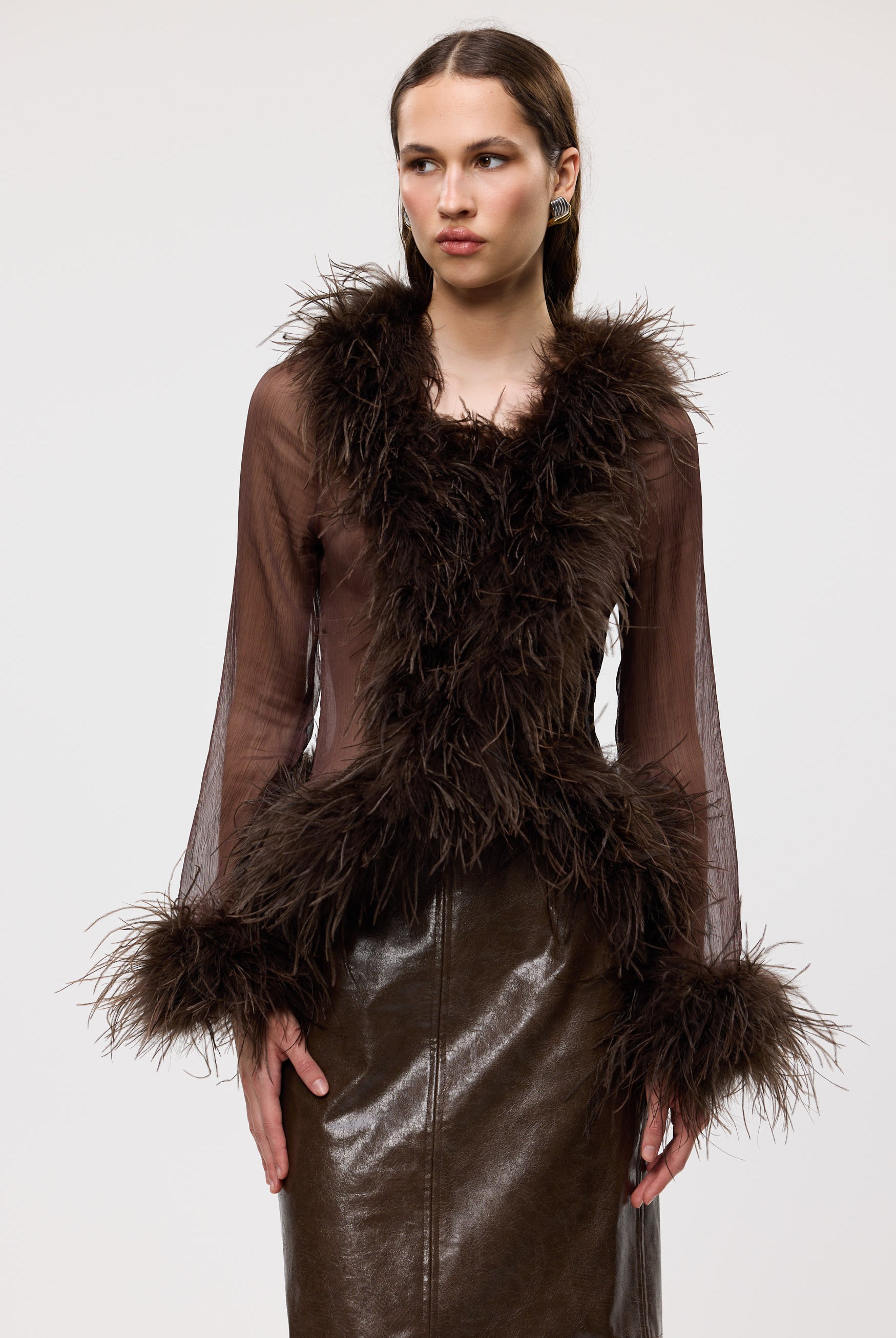 bubish Gigi Sheer Feather Blouse Chocolate FEATHER TOP