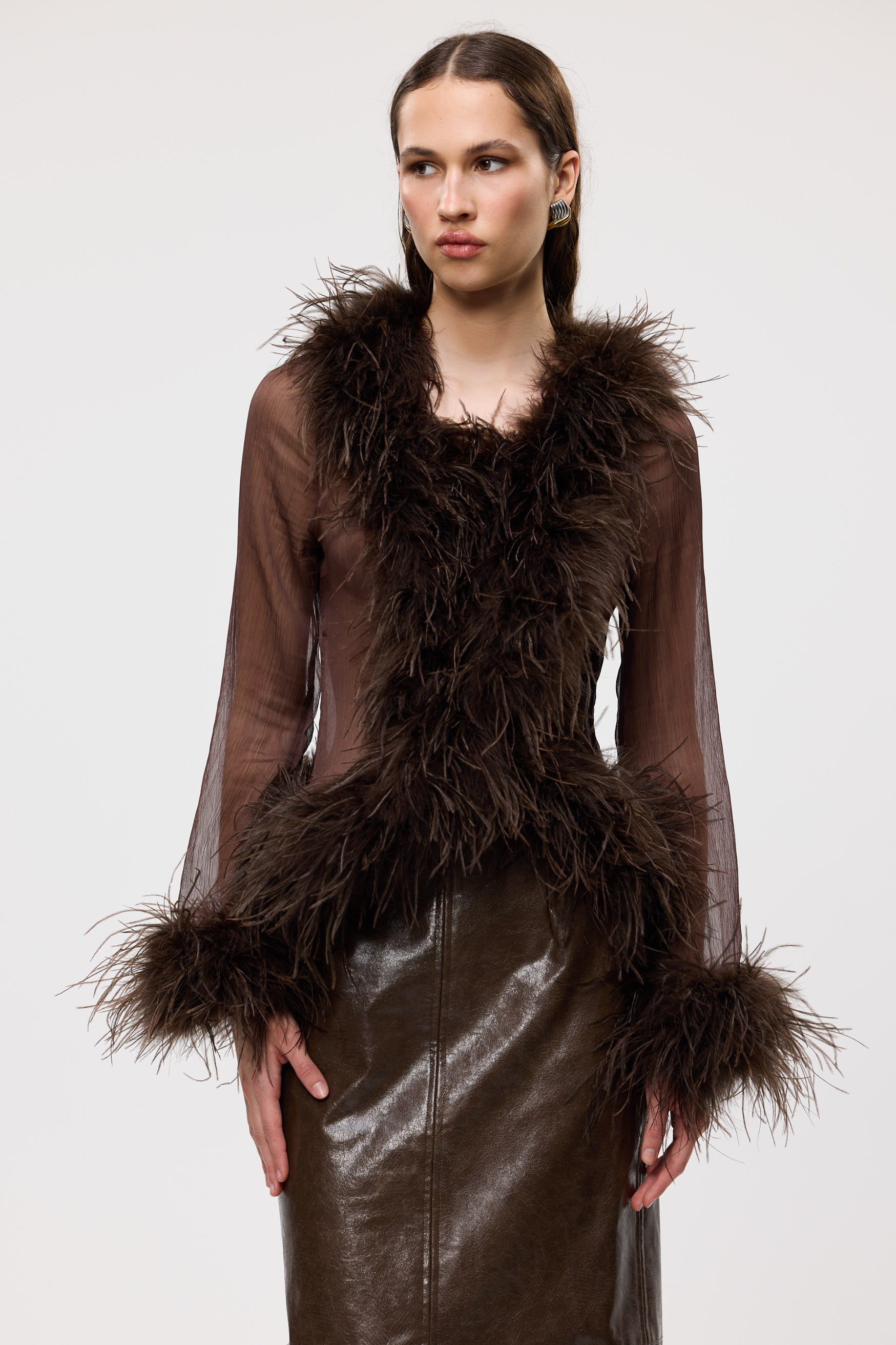 bubish Gigi Sheer Feather Blouse Chocolate FEATHER TOP