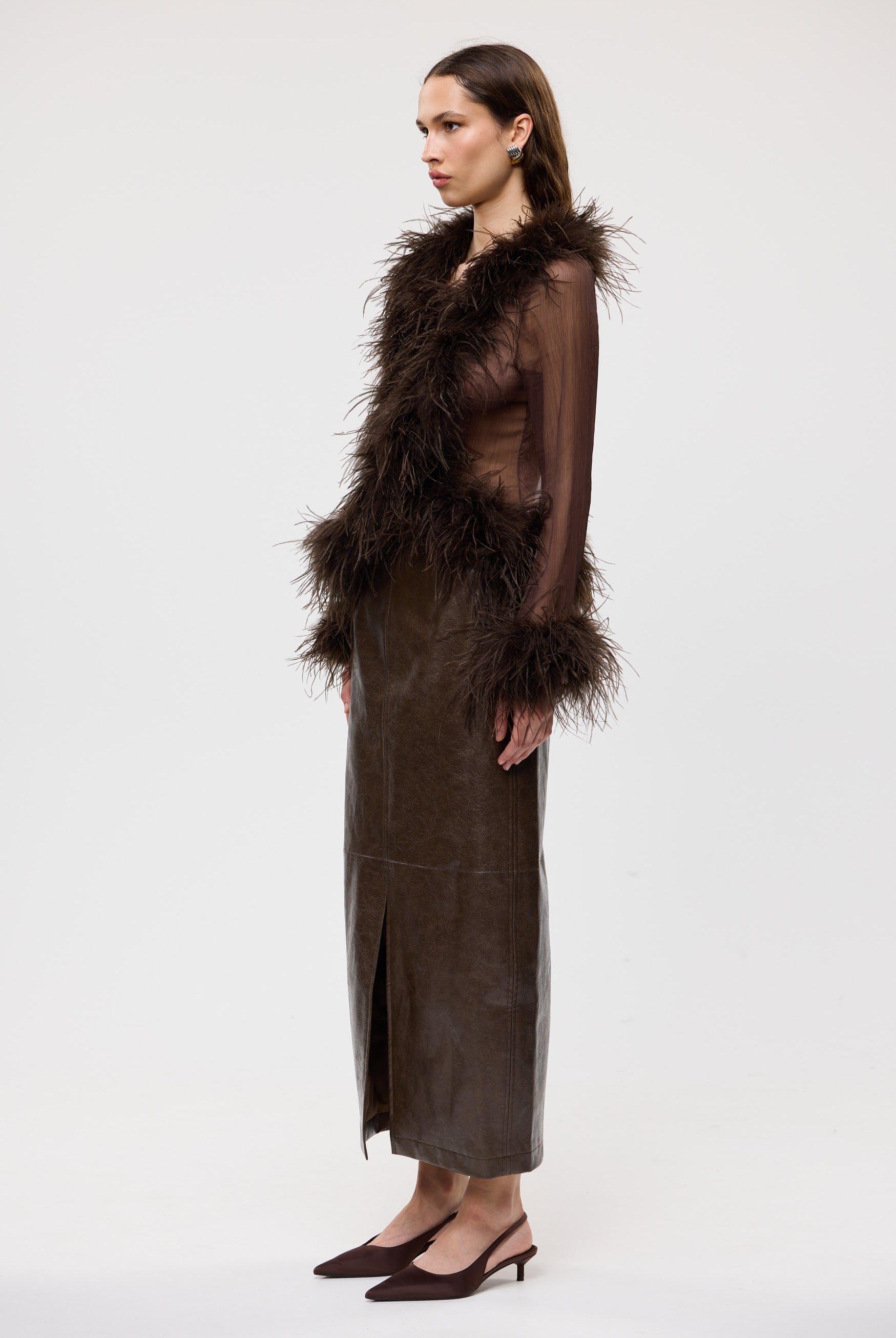 bubish Gigi Sheer Feather Blouse Chocolate FEATHER TOP