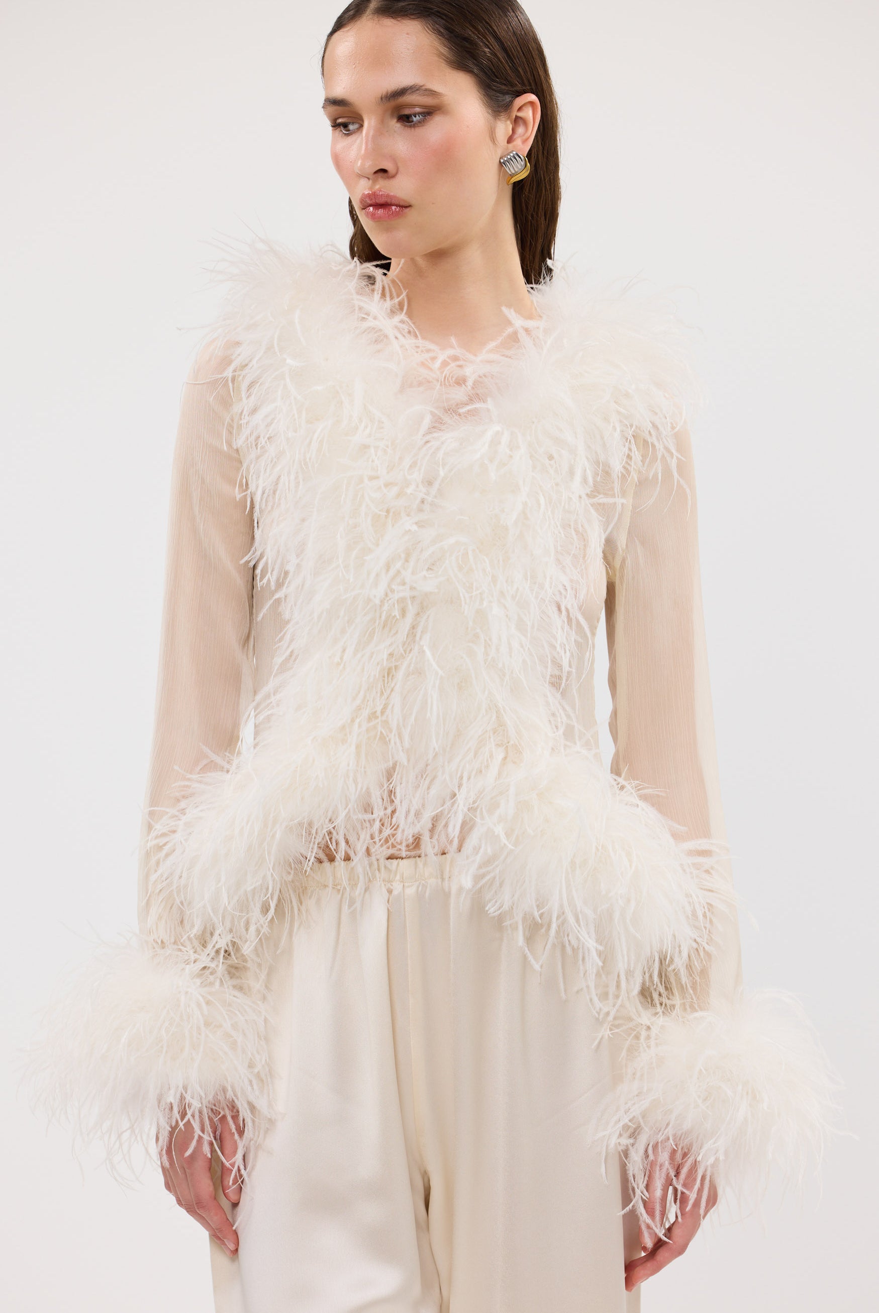 Gigi Sheer Feather Blouse Ivory FEATHER PARTY TOP