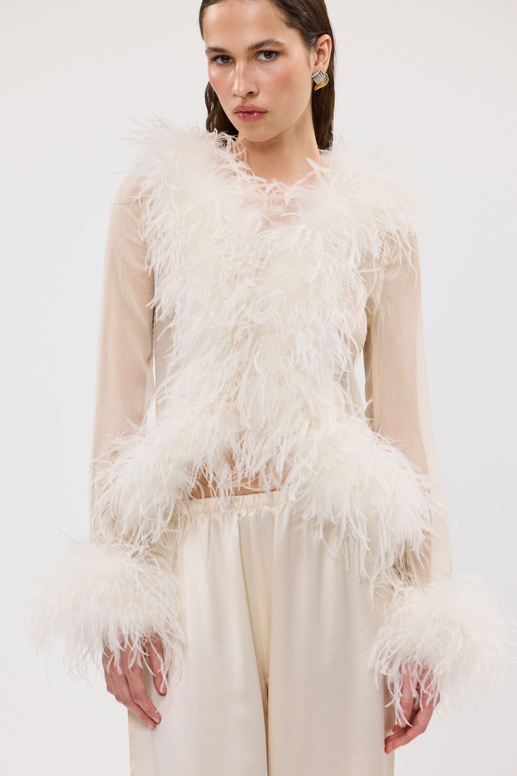 Gigi Sheer Feather Blouse Ivory FEATHER PARTY TOP