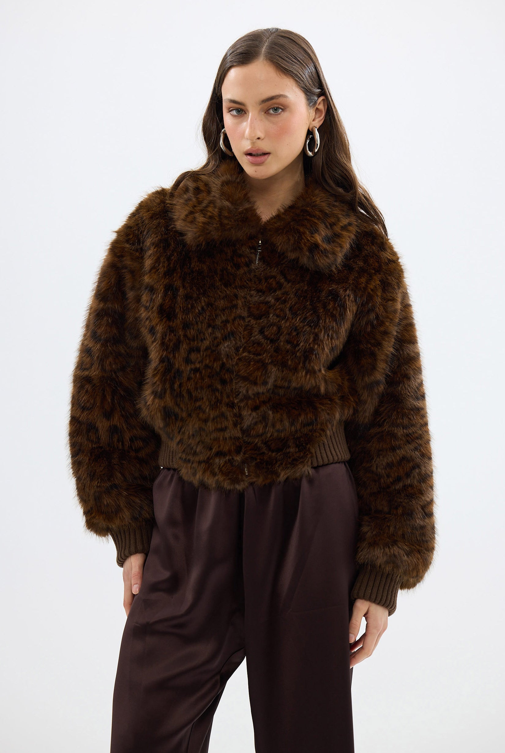 Hailey Faux Fur Bomber Jacket Chocolate Leopard LEOPARD FAUX FUR BOMBER JACKET bubish