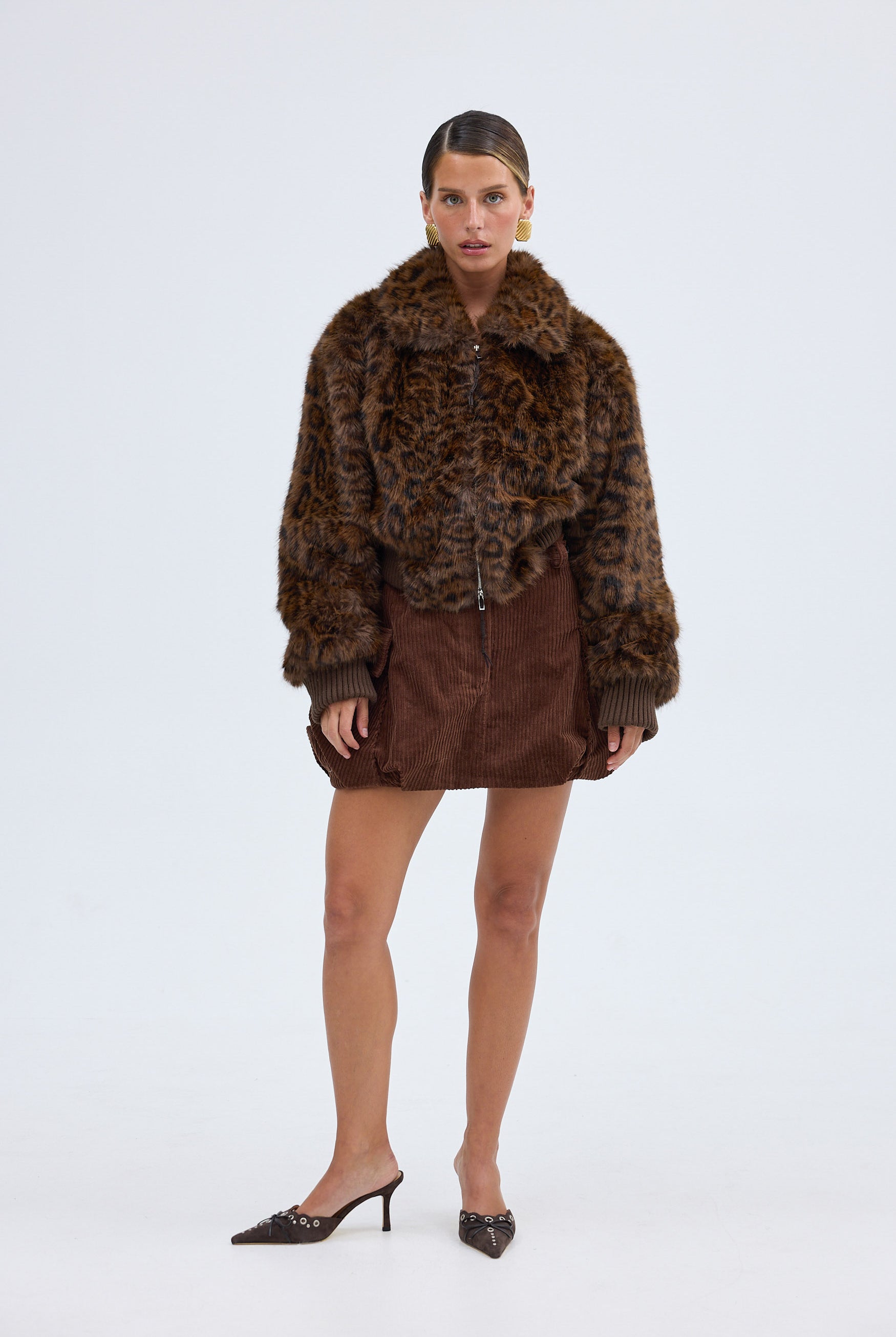 Hailey Faux Fur Bomber Jacket Chocolate Leopard LEOPARD FAUX FUR BOMBER JACKET bubish