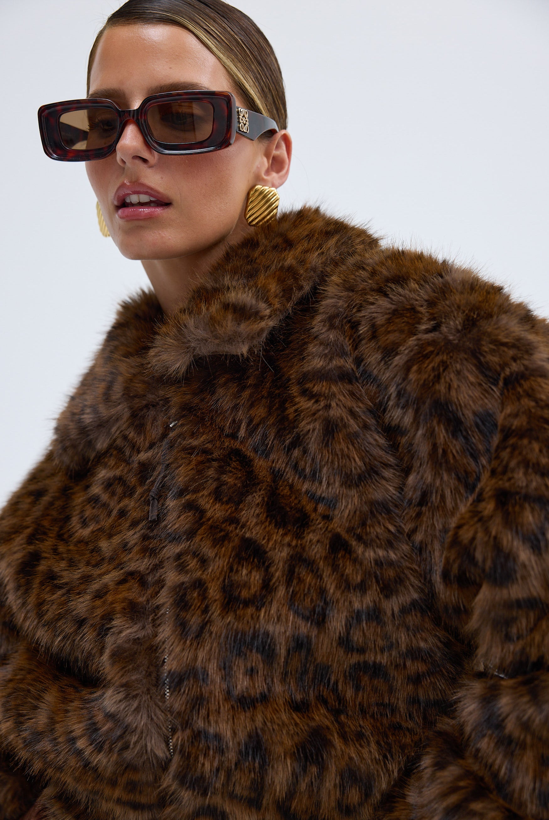 Hailey Faux Fur Bomber Jacket Chocolate Leopard LEOPARD FAUX FUR BOMBER JACKET bubish