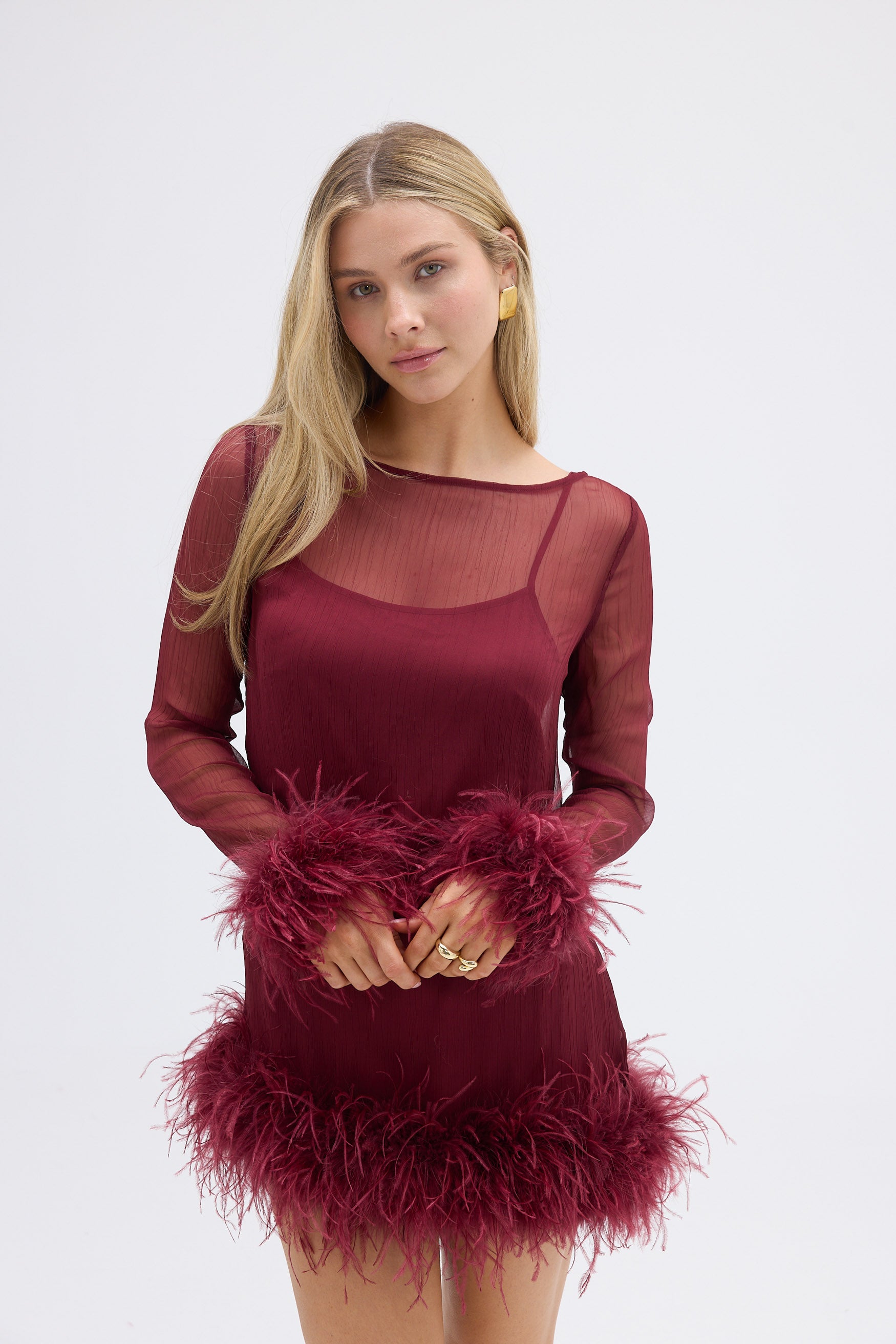 bubish Harlow Sheer Feather Mini Dress Cherry DRESS