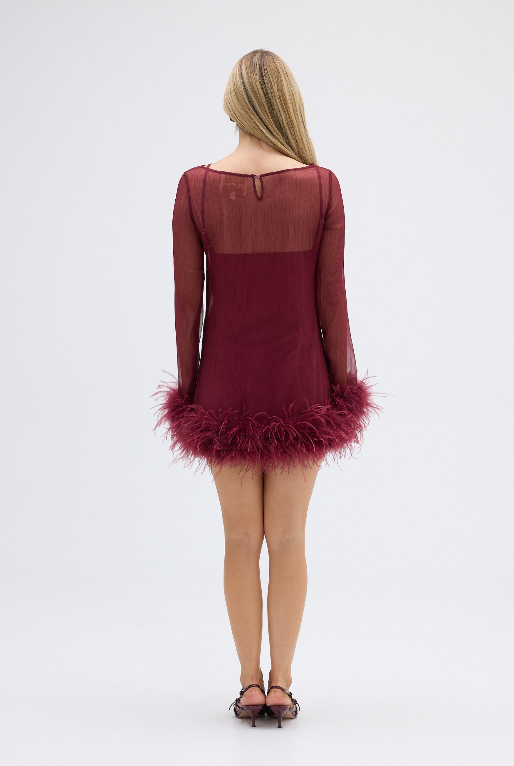 bubish Harlow Sheer Feather Mini Dress Cherry DRESS