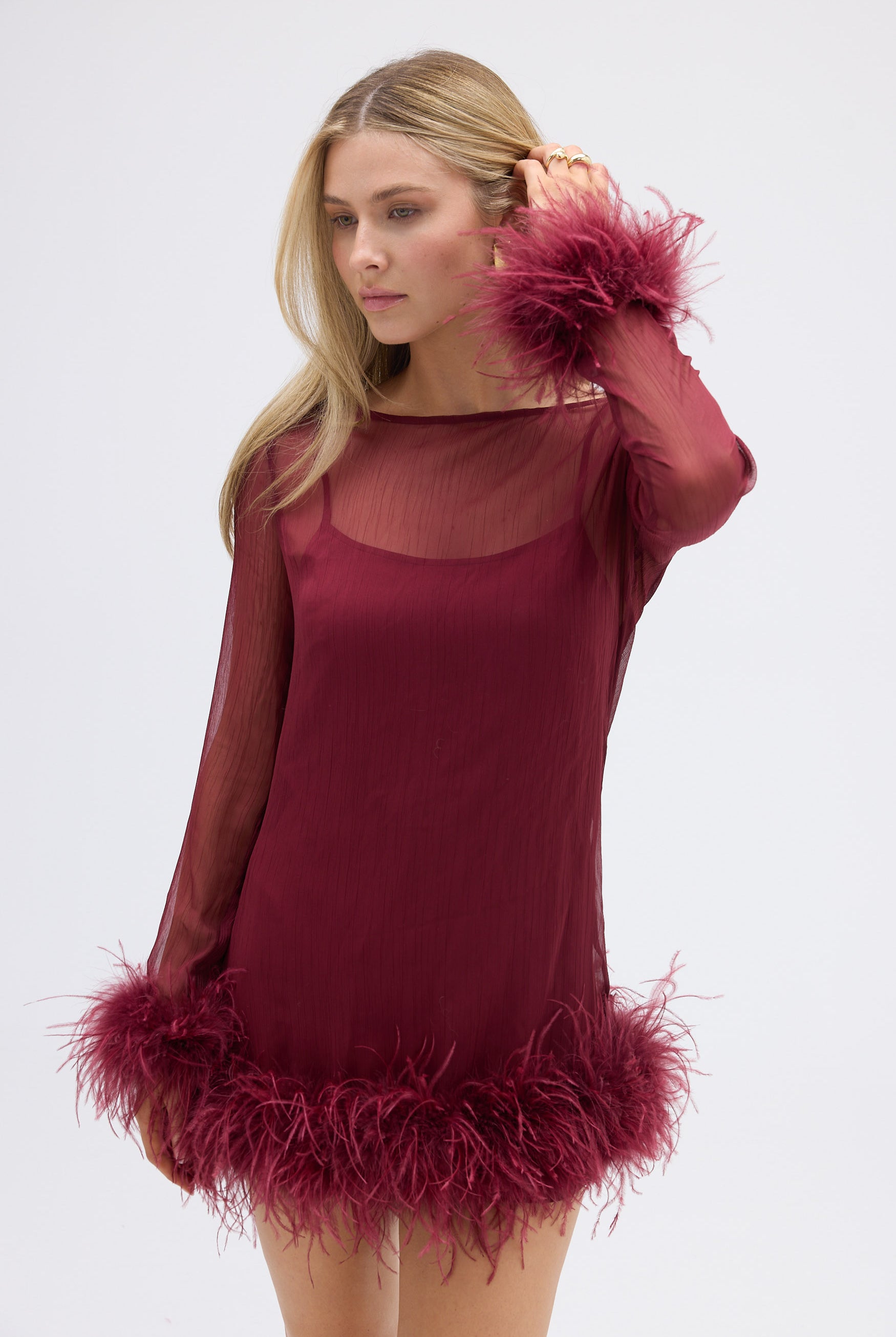 bubish Harlow Sheer Feather Mini Dress Cherry DRESS