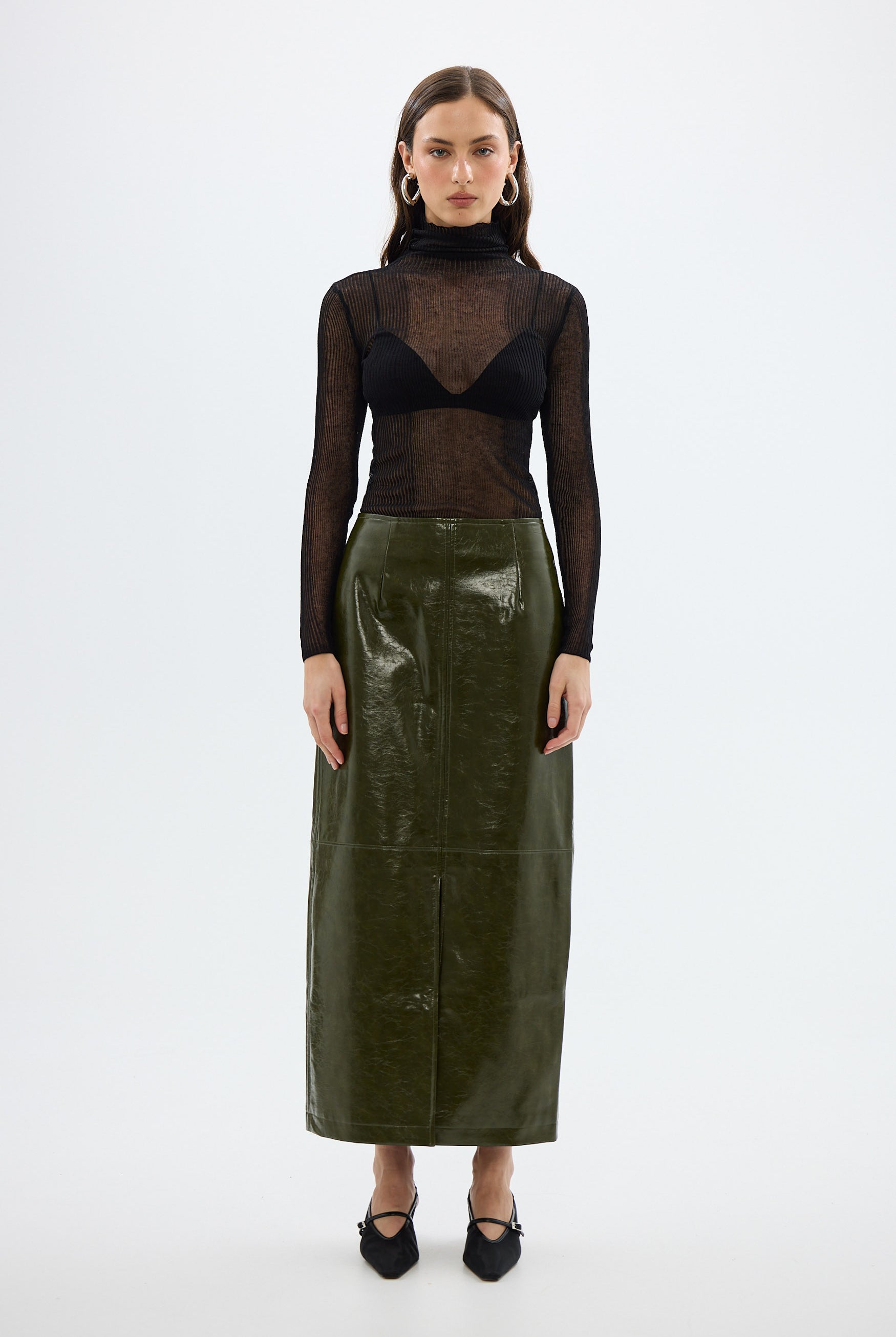 bubish Raye Maxi Skirt Khaki FAUX LEATHER SKIRT