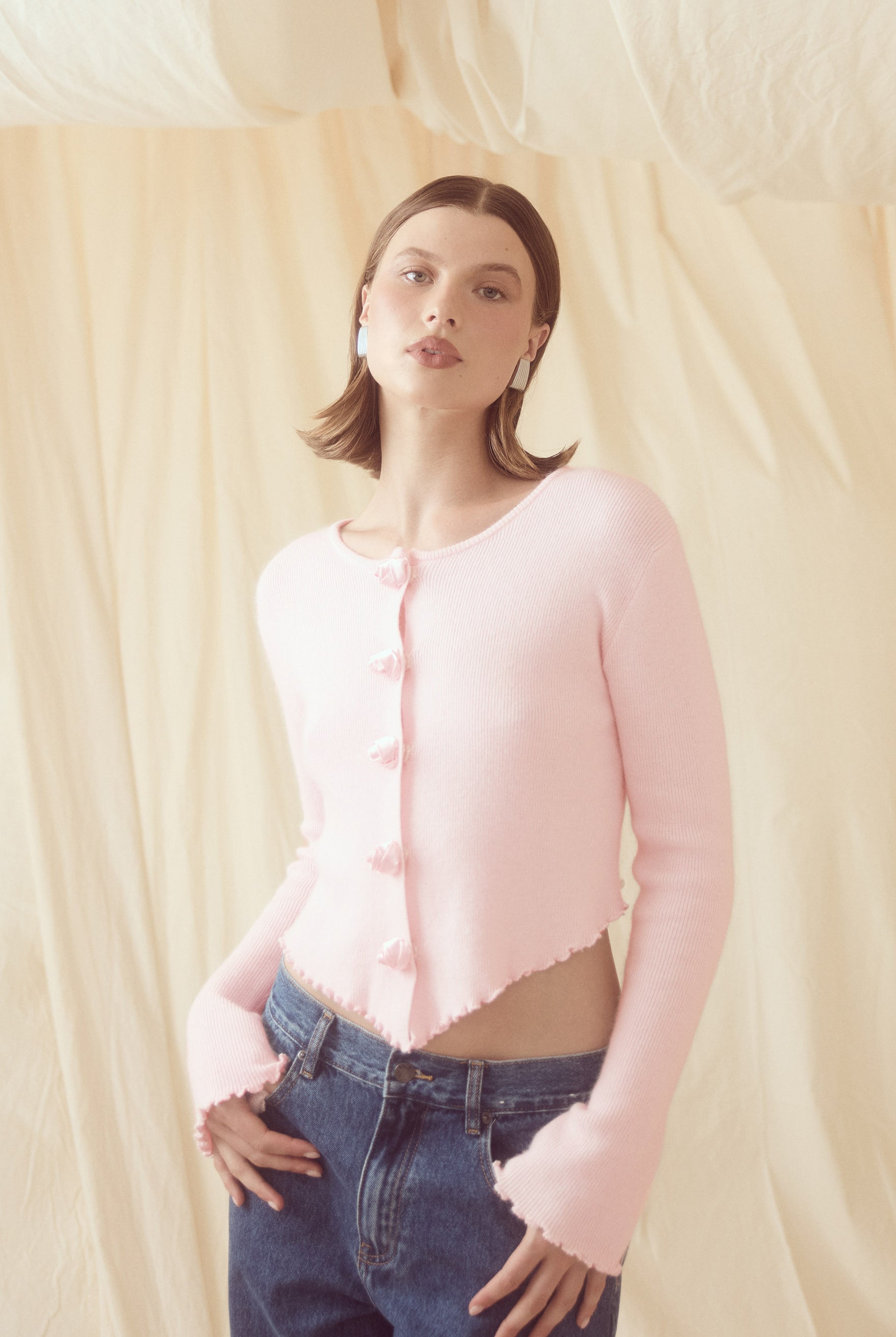 bubish Rosette Cardigan Pink TOP