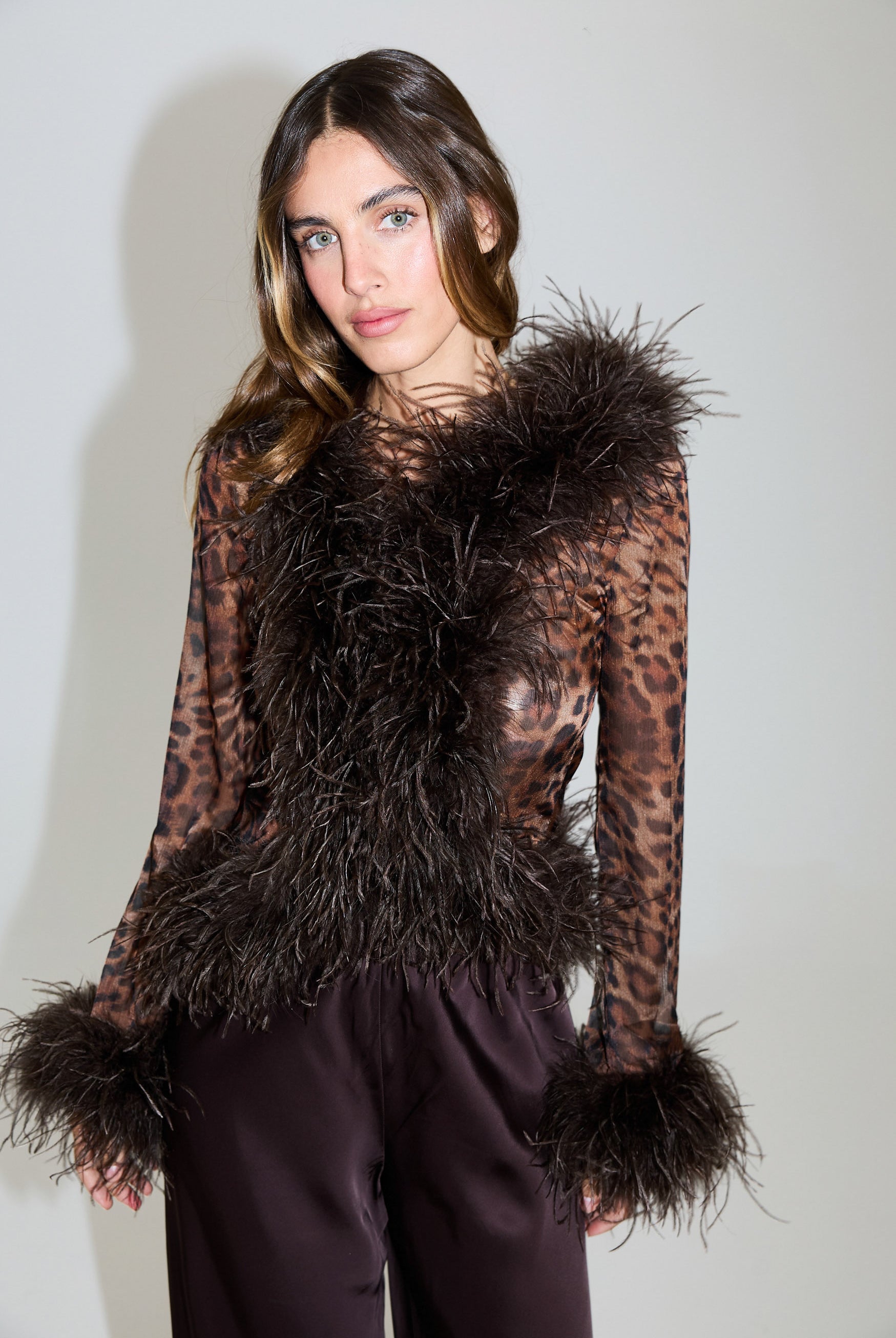 bubish Gigi Sheer Feather Blouse Leopard FEATHER TOP