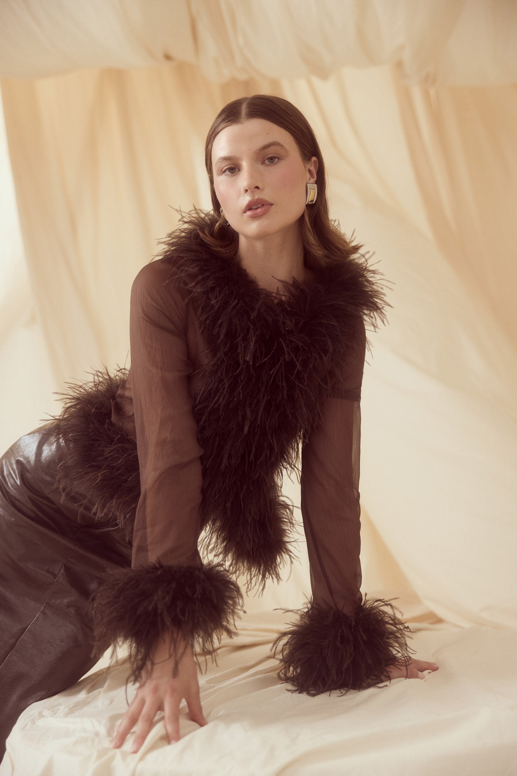 bubish Gigi Sheer Feather Blouse Chocolate FEATHER TOP