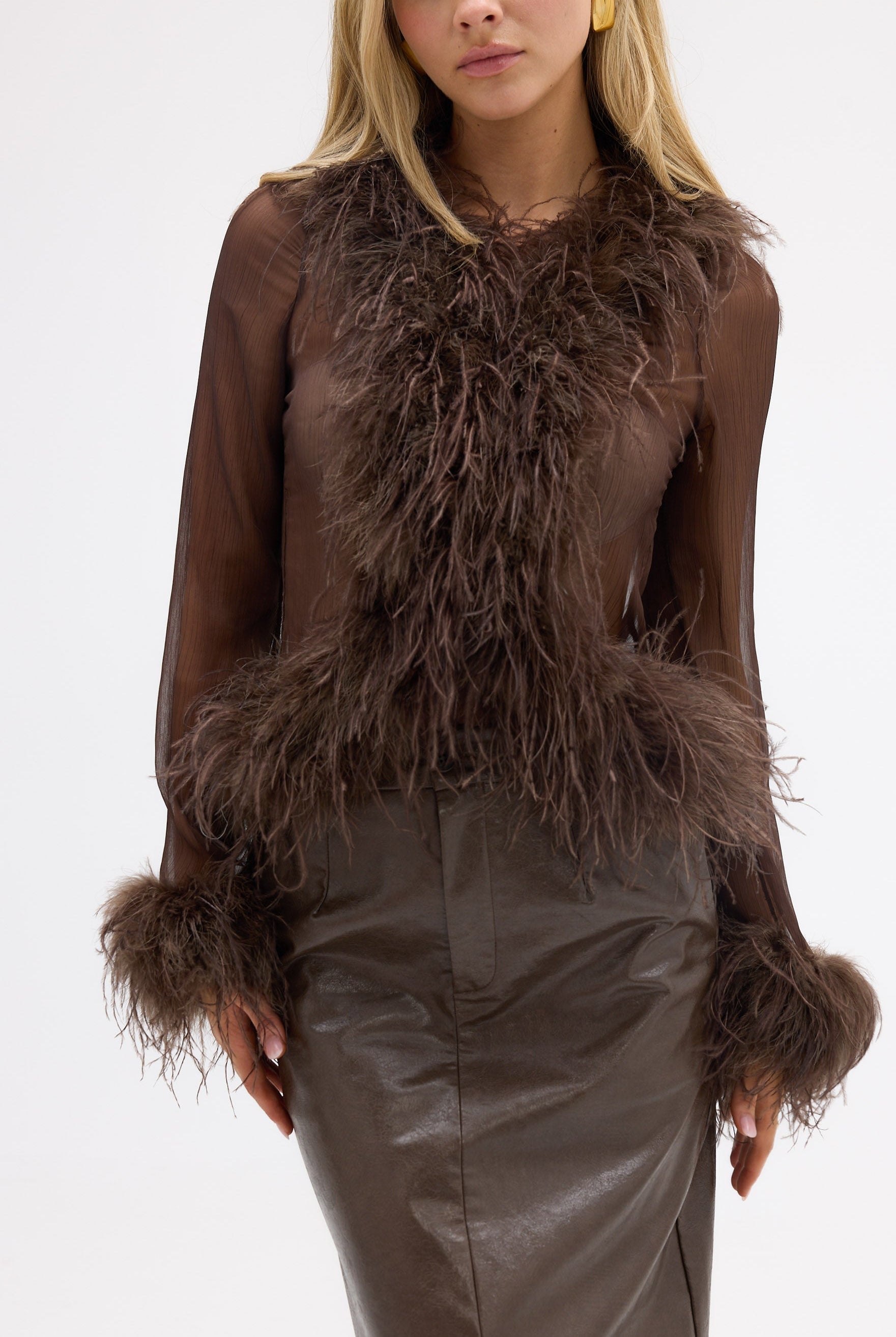 bubish Gigi Sheer Feather Blouse Chocolate FEATHER TOP