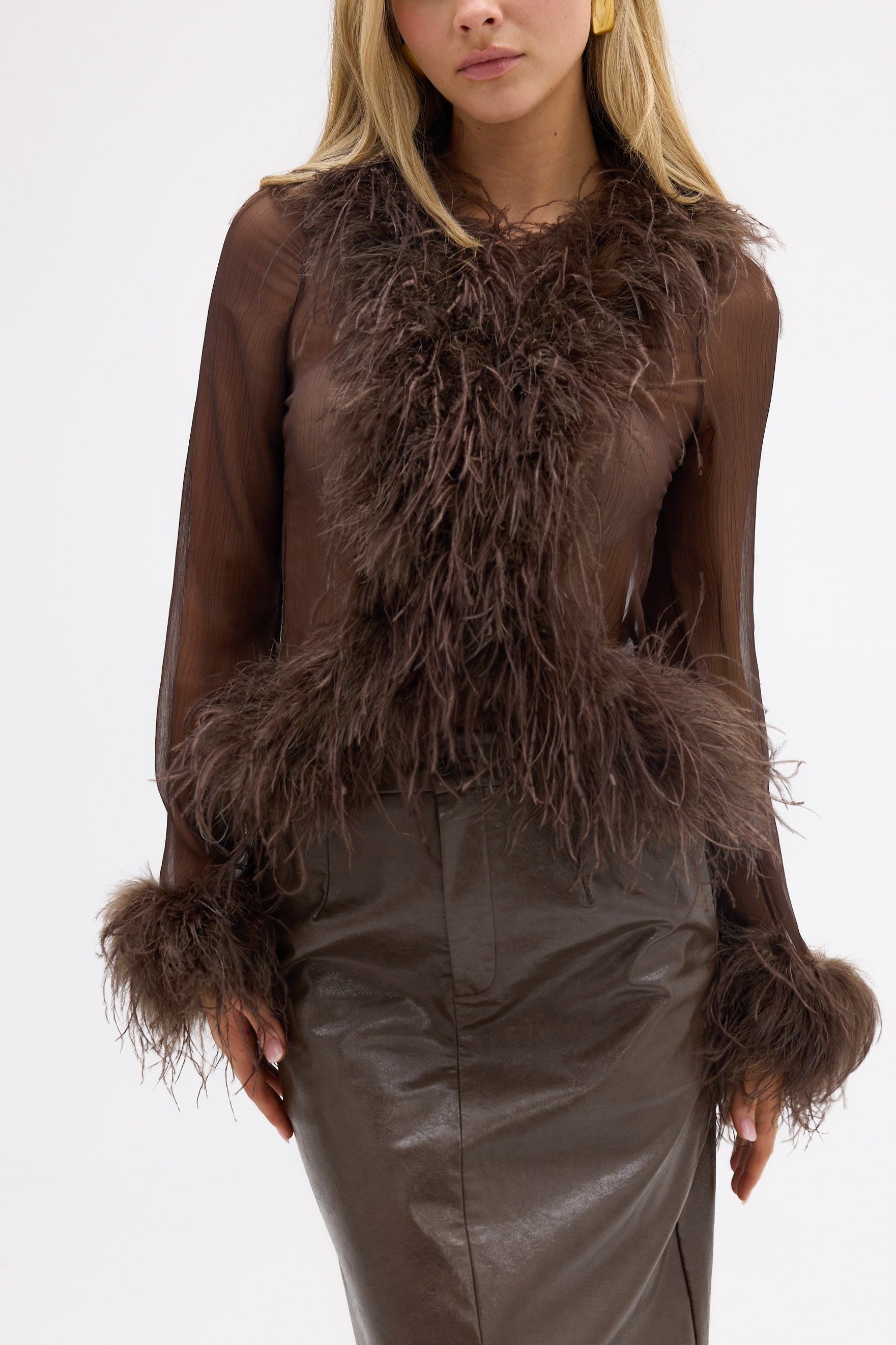 bubish Gigi Sheer Feather Blouse Chocolate FEATHER TOP