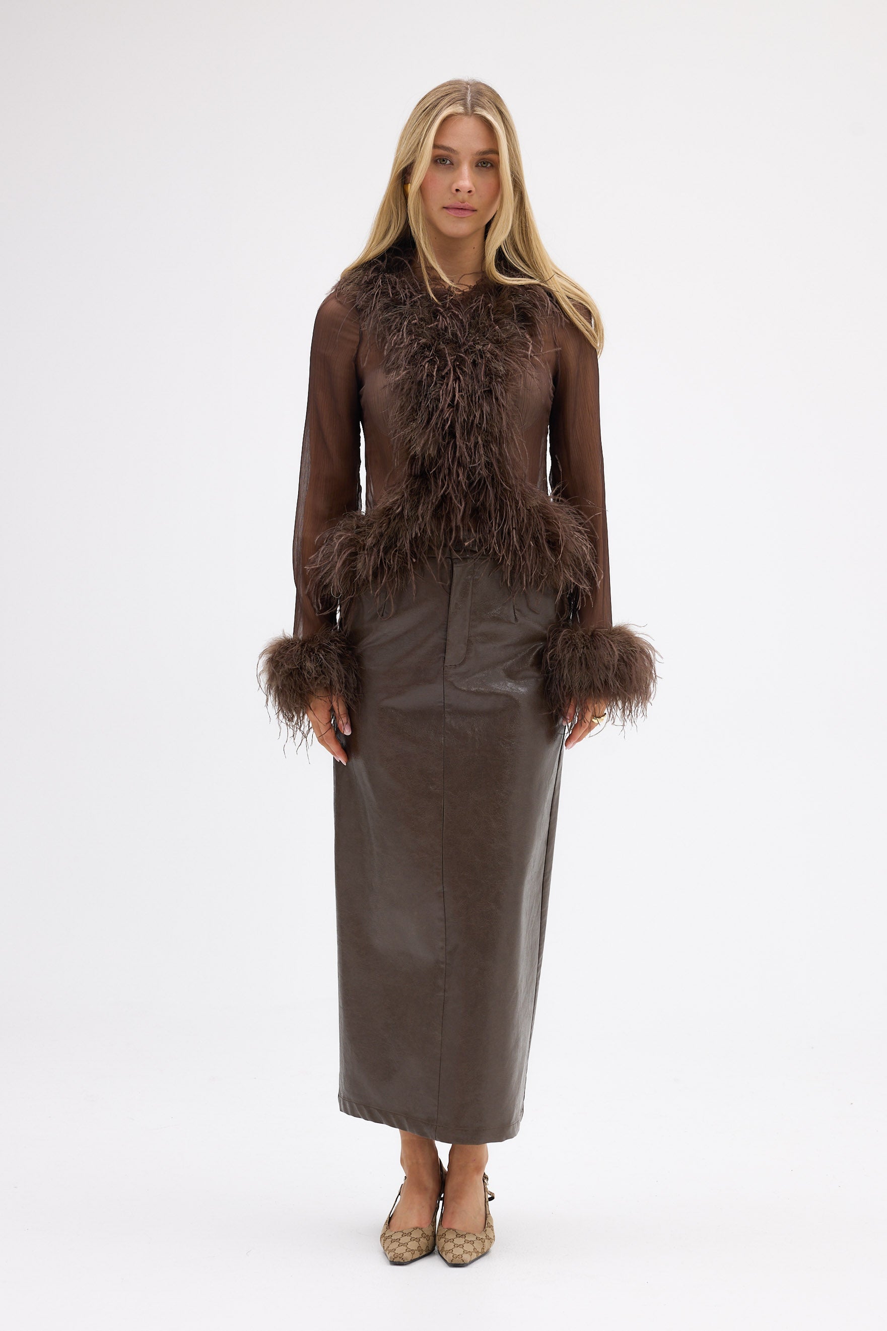 bubish Gigi Sheer Feather Blouse Chocolate FEATHER TOP