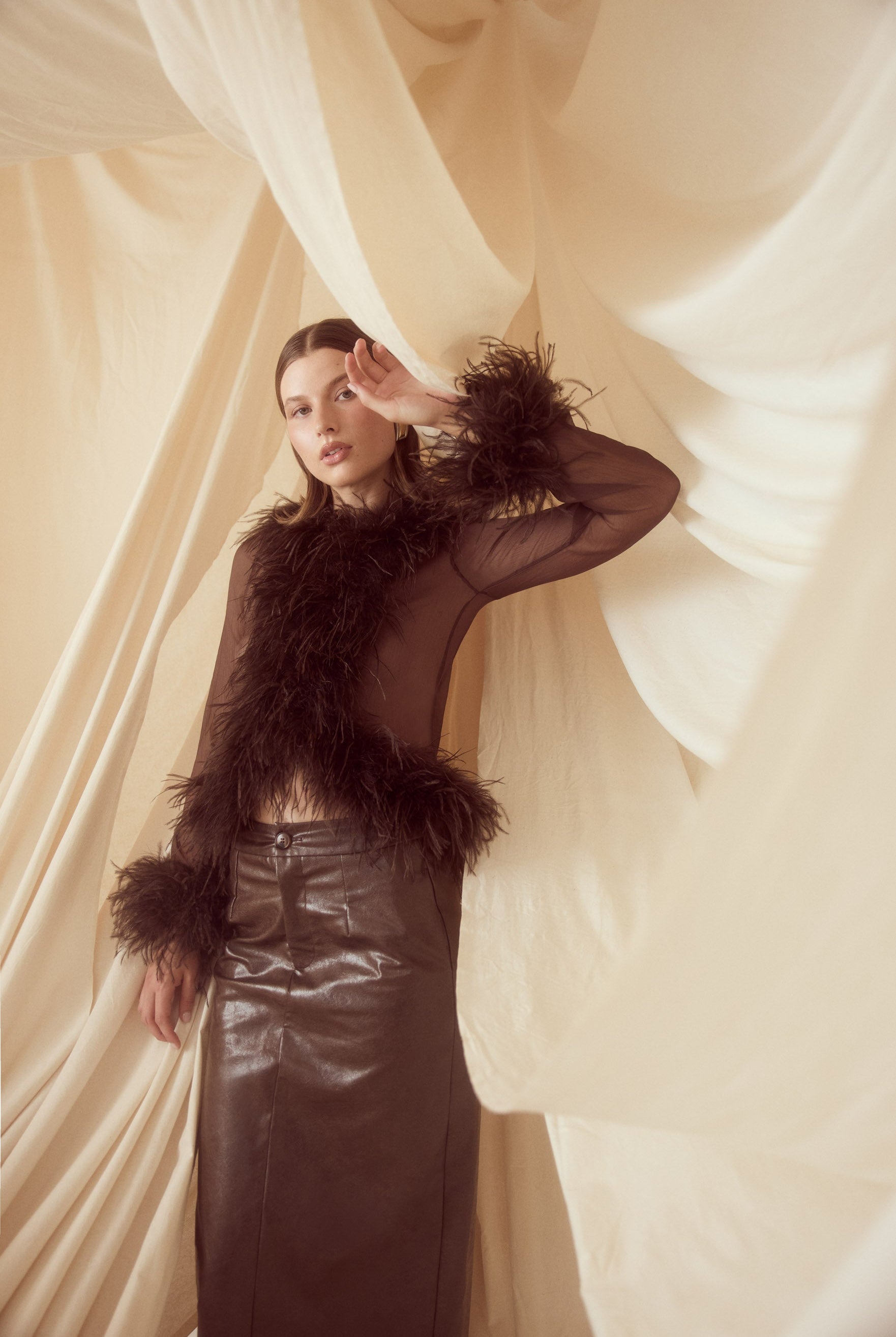 bubish Gigi Sheer Feather Blouse Chocolate FEATHER TOP