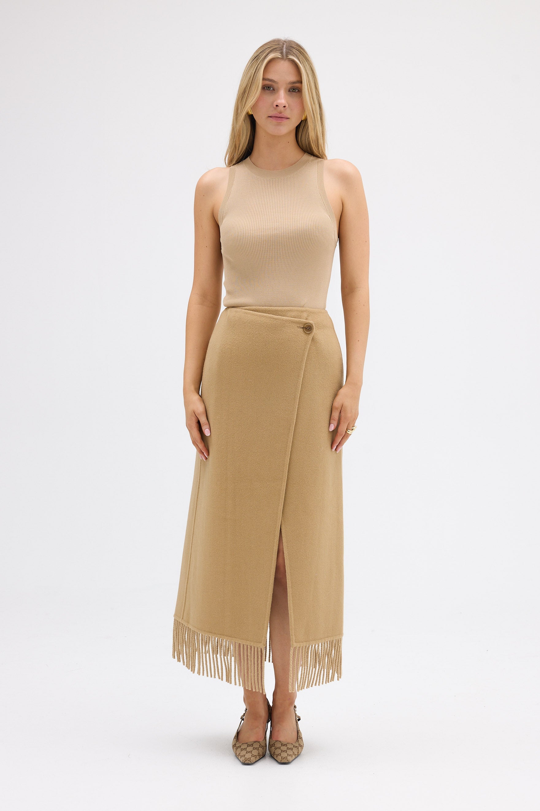 bubish Kate Fringe Tassel Wrap Wool Skirt Walnut SKIRT
