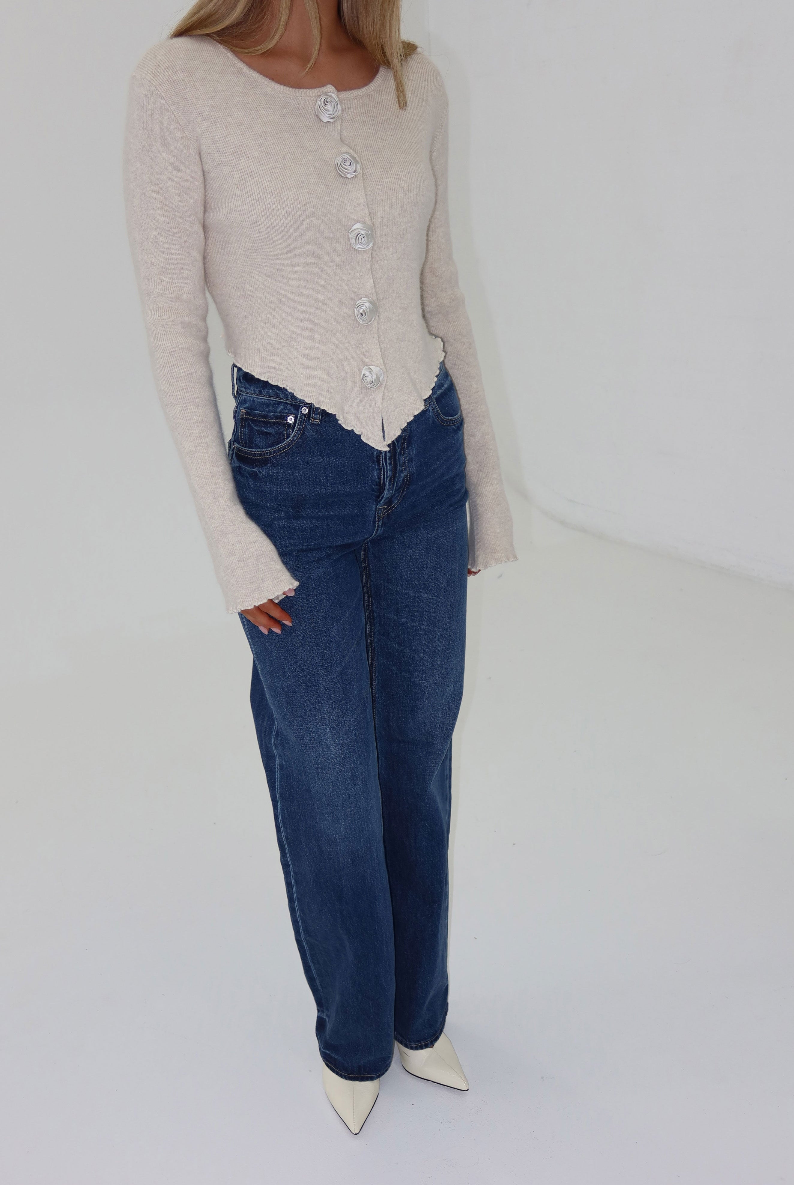 bubish Rosette Cardigan Oatmeal TOP