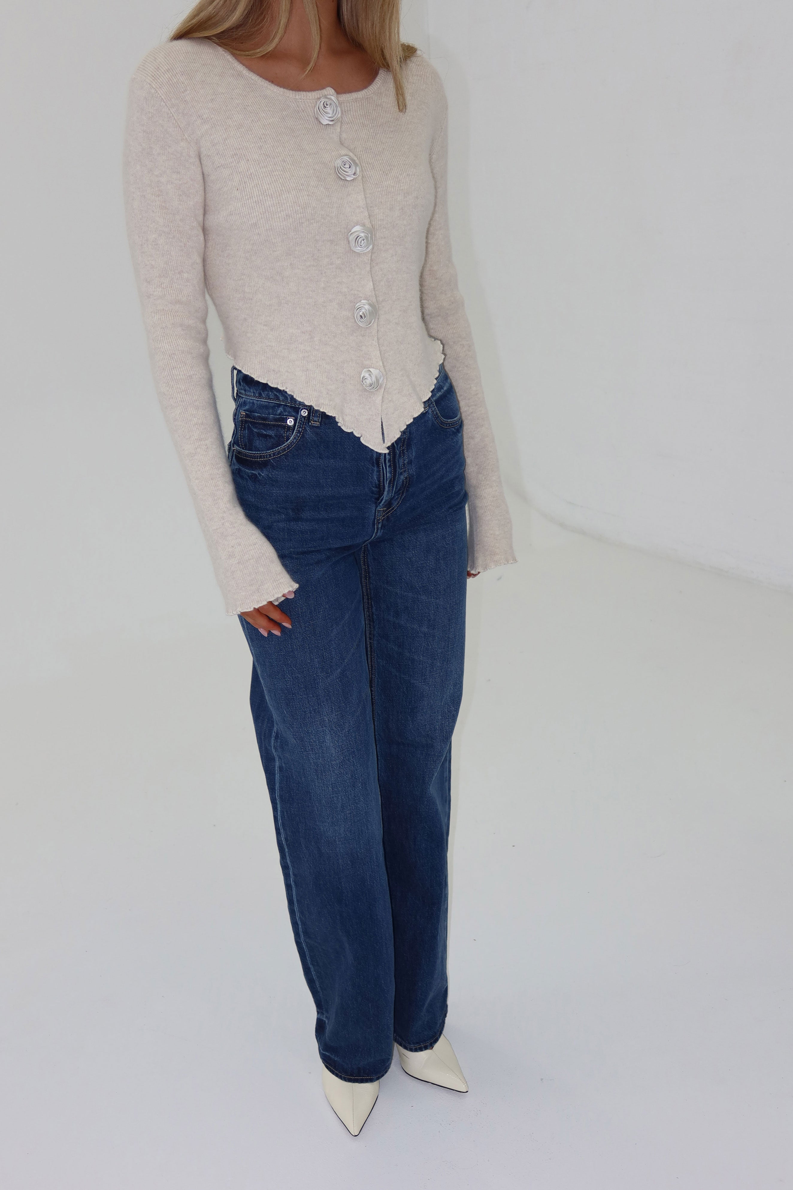 bubish Rosette Cardigan Oatmeal TOP