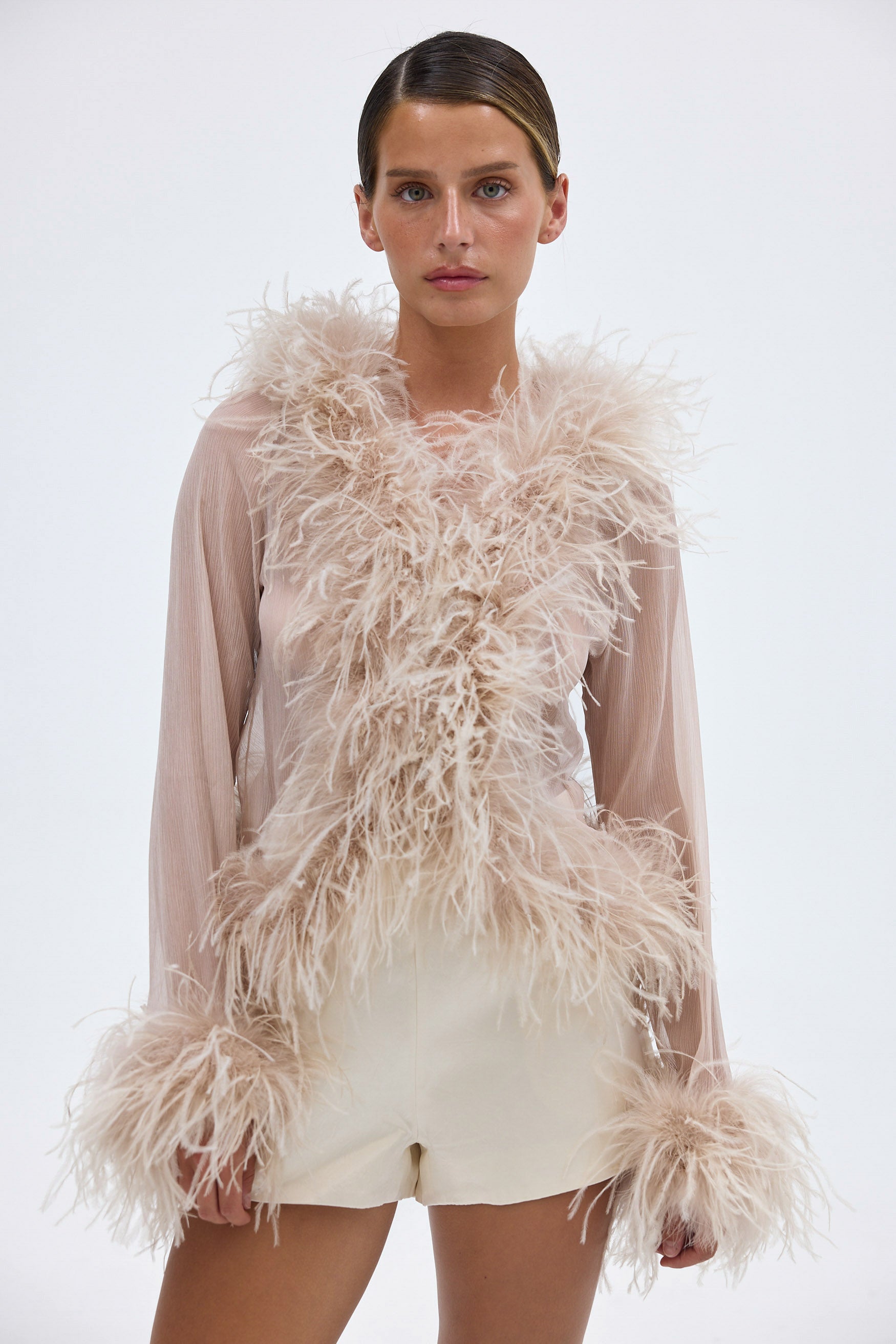 Bubish Gigi Sheer Feather Blouse Caramel TOP