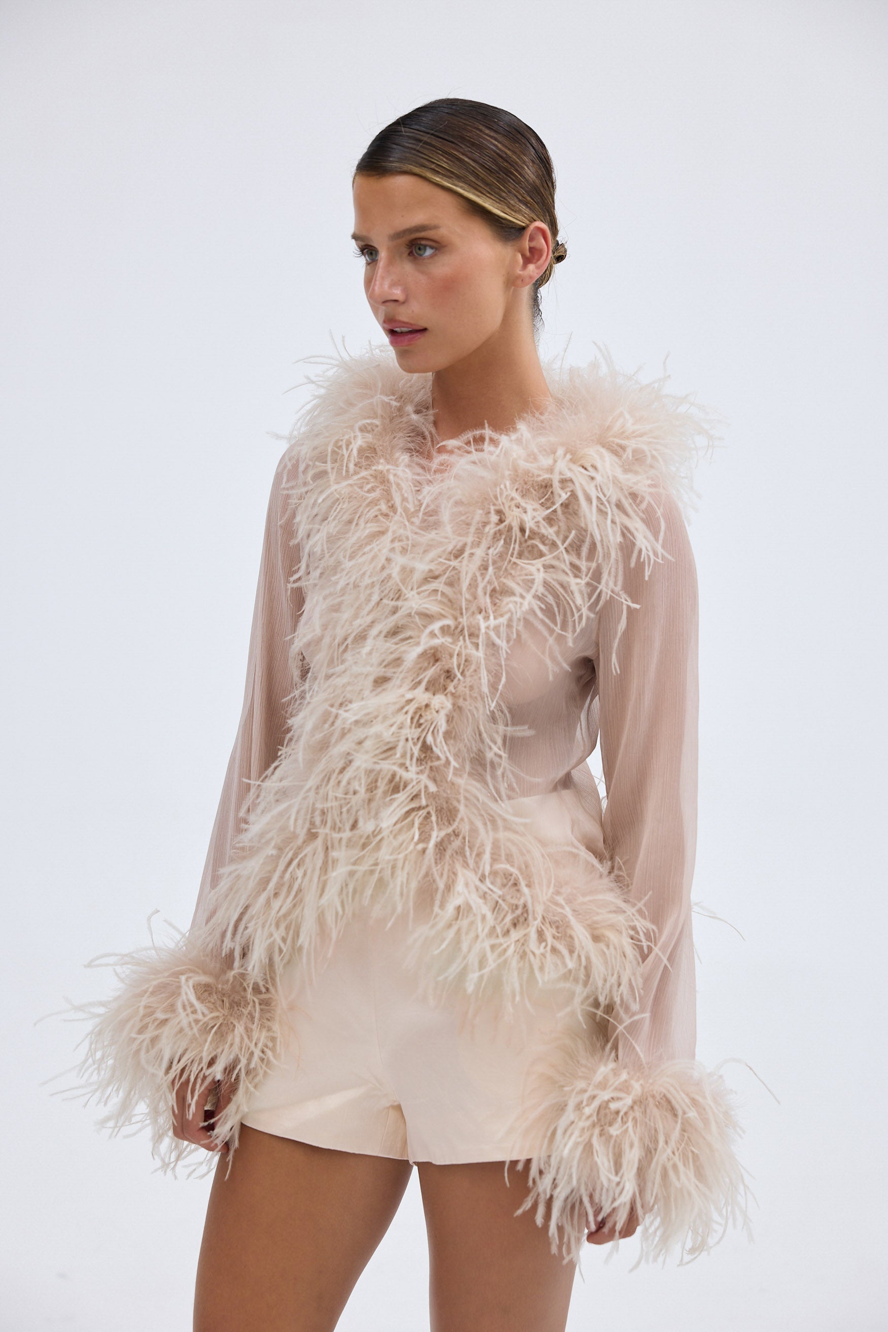 Bubish Gigi Sheer Feather Blouse Caramel TOP