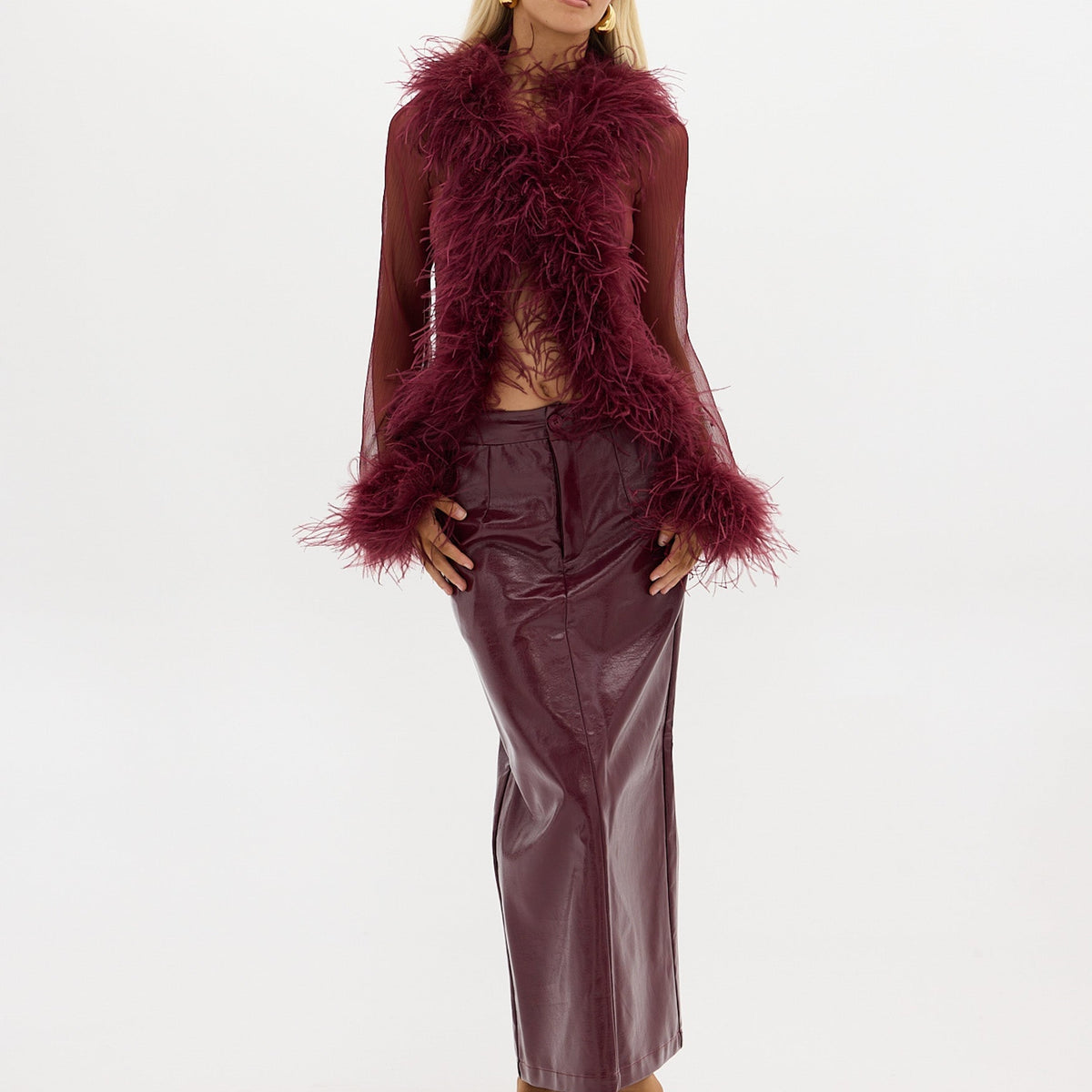 Gigi Sheer Feather Blouse - Cherry | FEATHER TOPS | bubish
