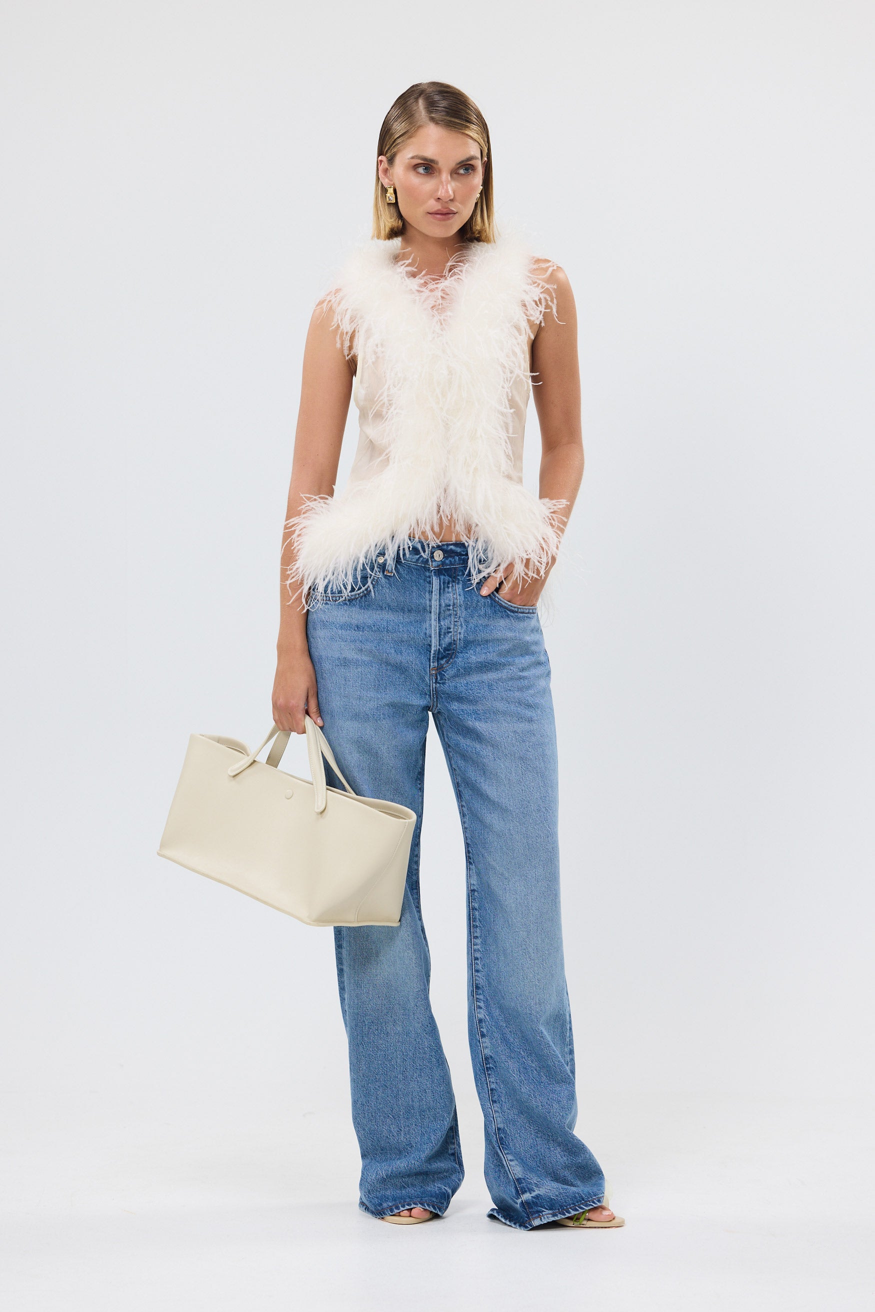 bubish Gigi Sheer Feather Vest Ivory. PARTY TOP