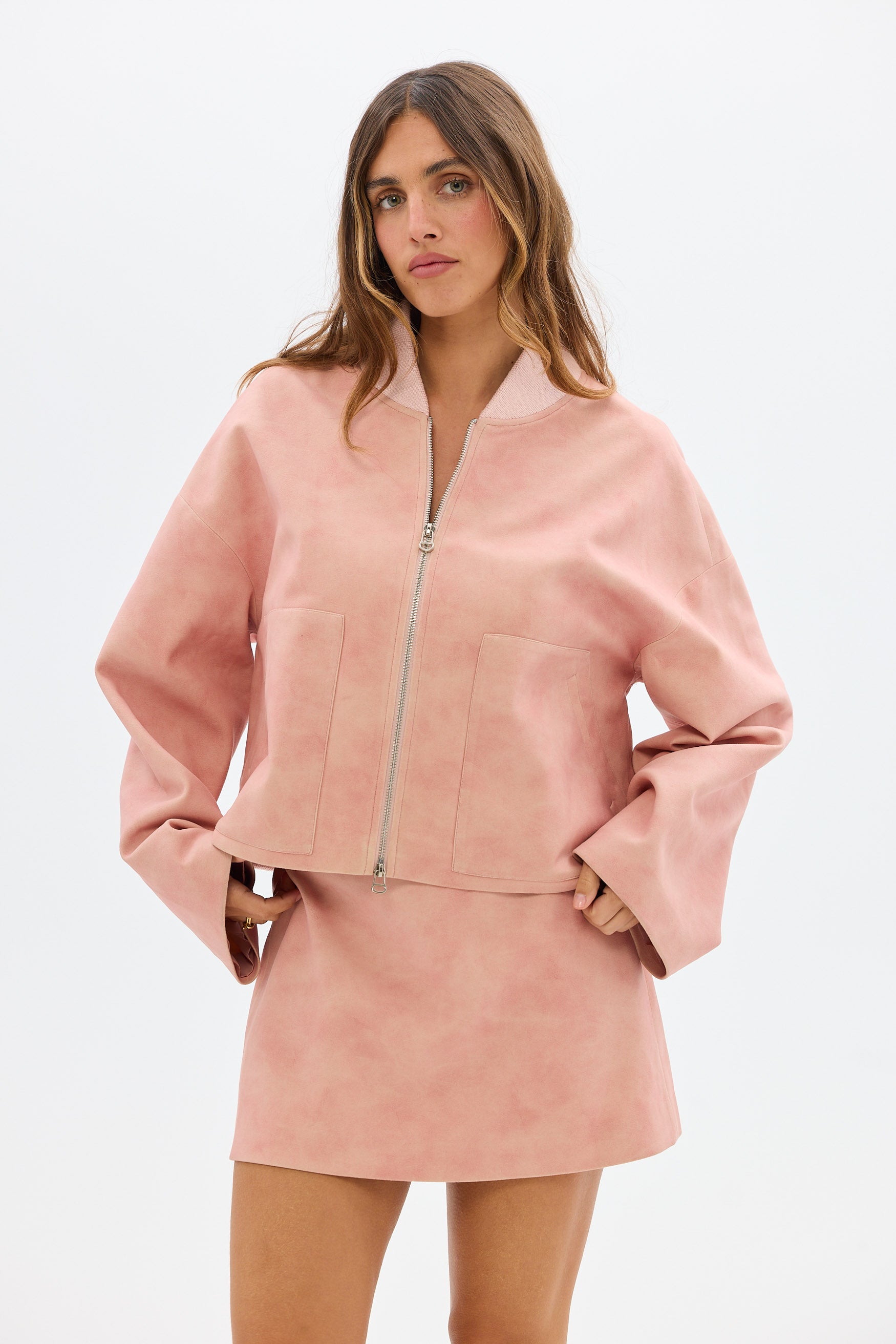 bubish Cassie Faux Suede Bomber Jacket Blush JACKET