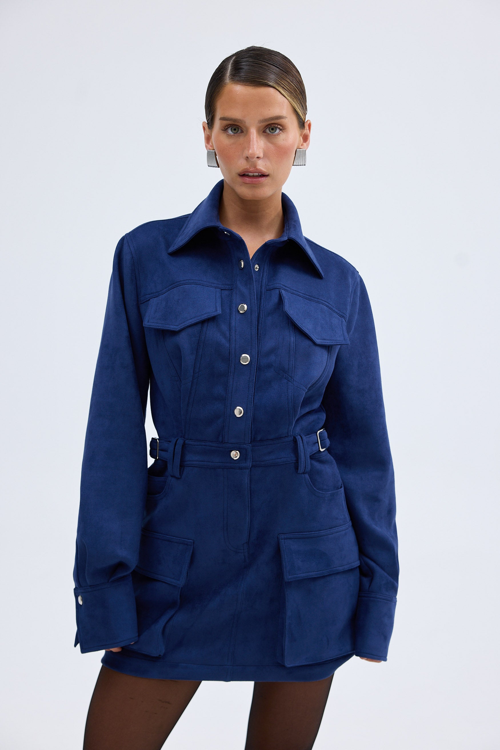 bubish Celine Faux Suede Shirt Dress Navy DRESS