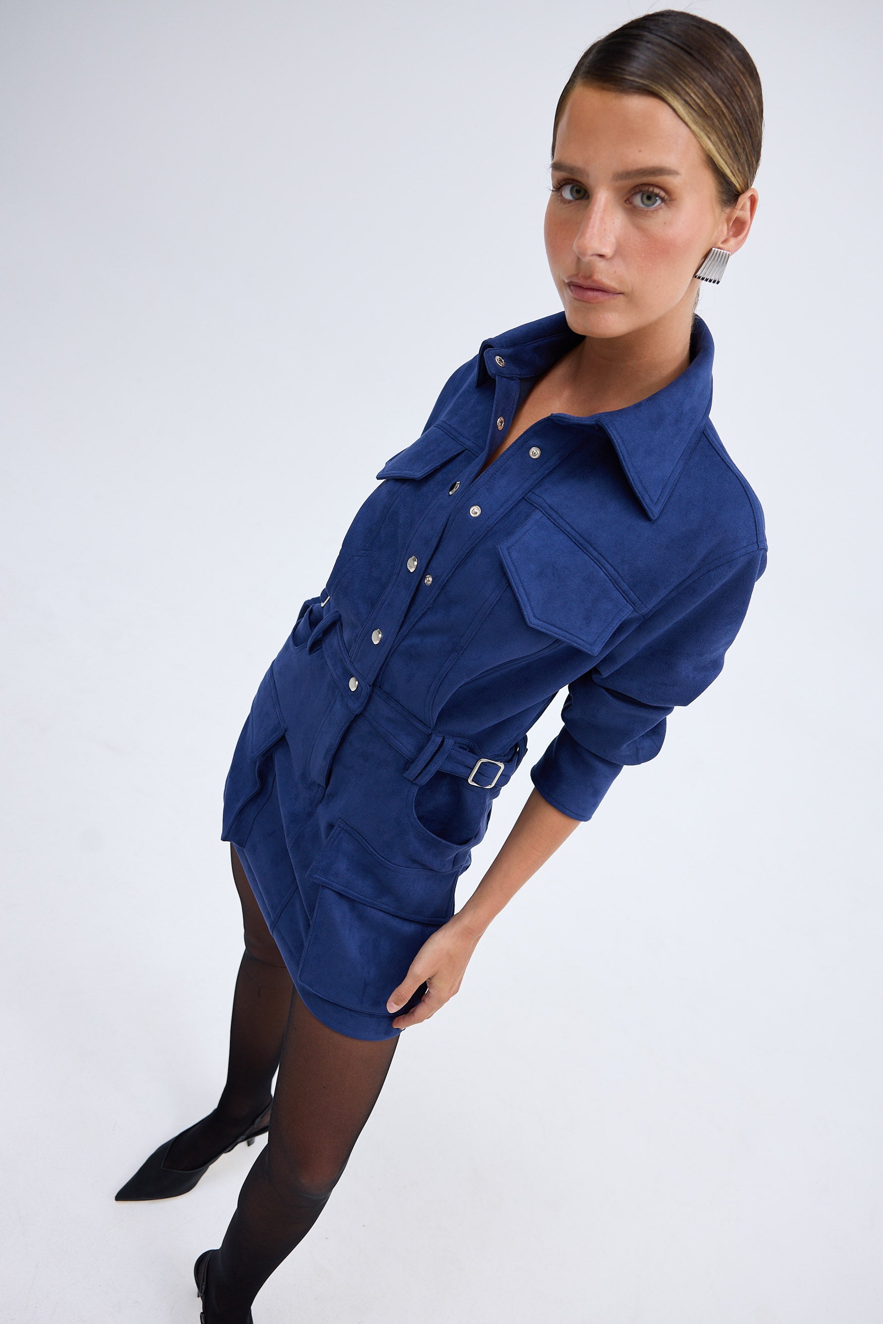 bubish Celine Faux Suede Shirt Dress Navy DRESS