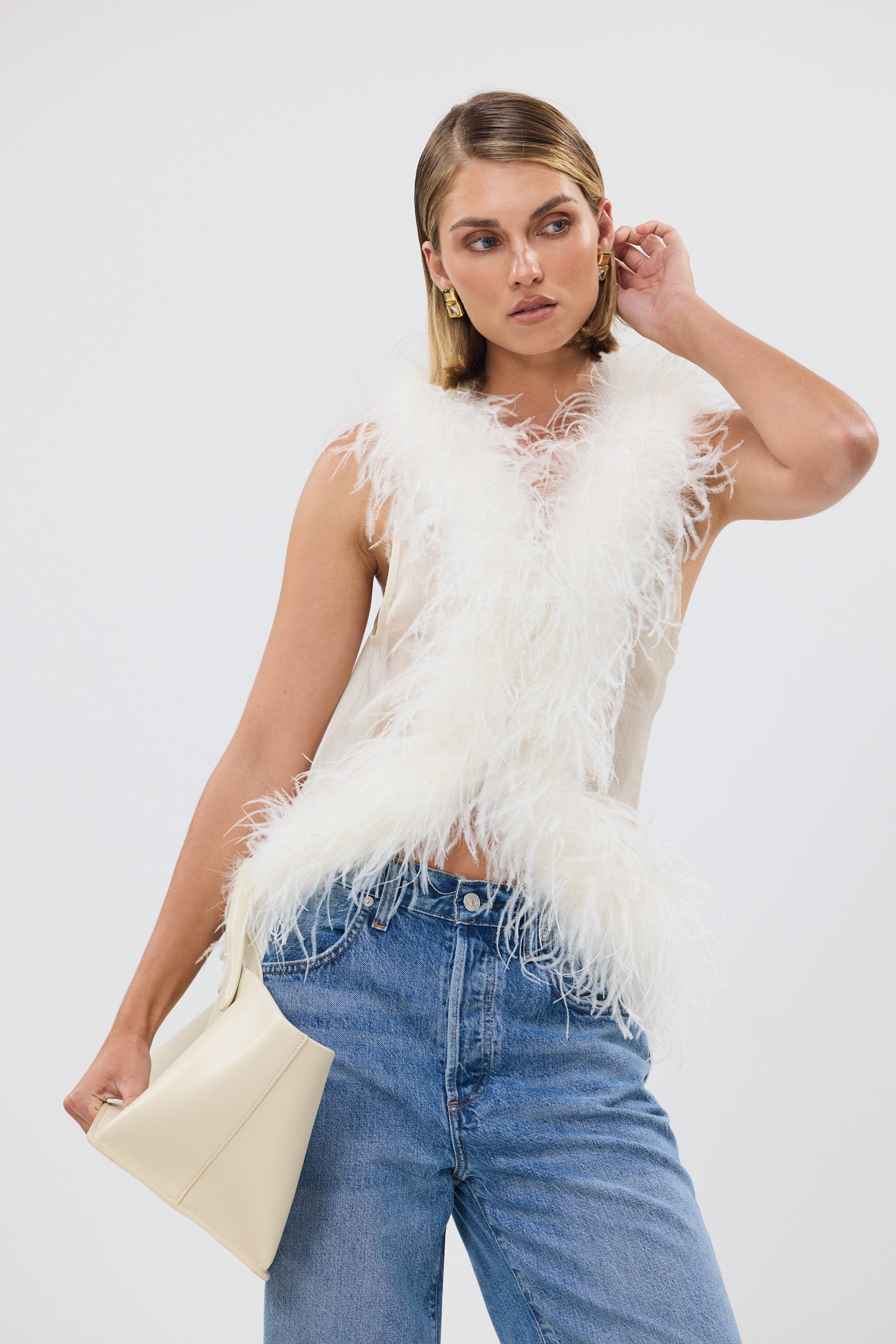 bubish Gigi Sheer Feather Vest Ivory. PARTY TOP