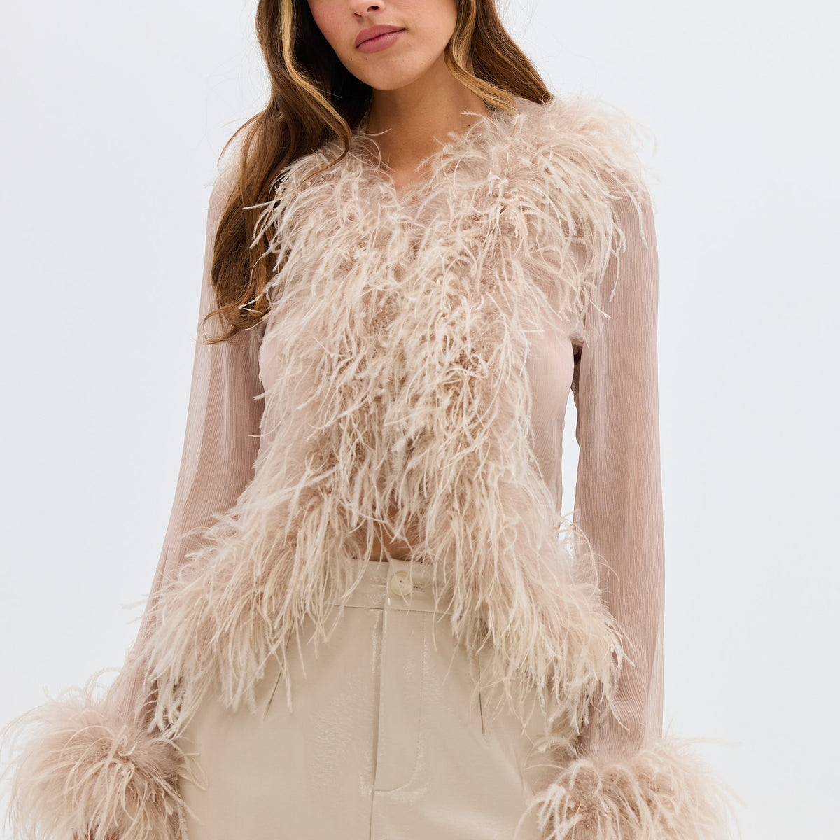 Gigi Sheer Feather Blouse - Caramel | FEATHER TOPS | bubish