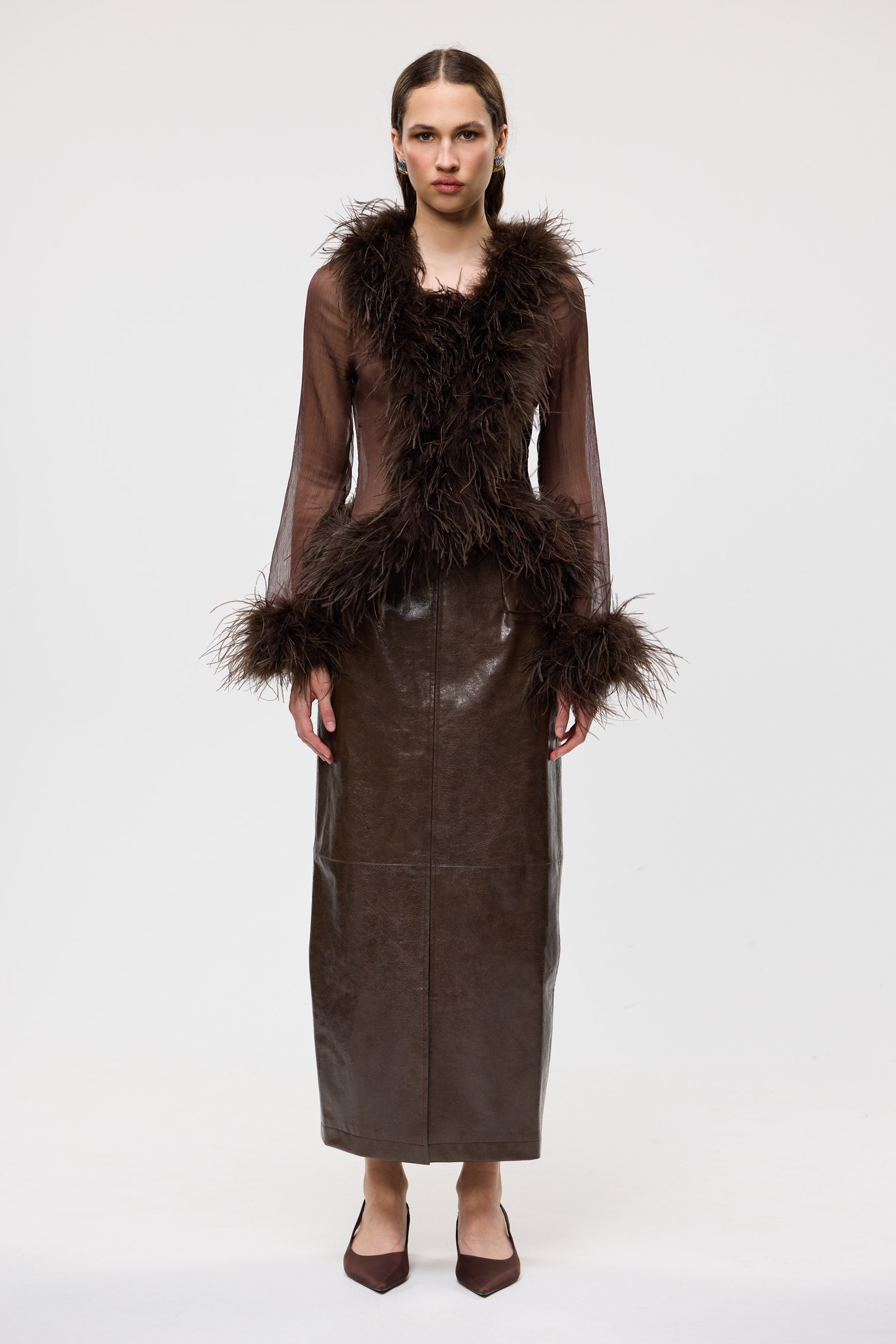 bubish Gigi Sheer Feather Blouse Chocolate FEATHER TOP