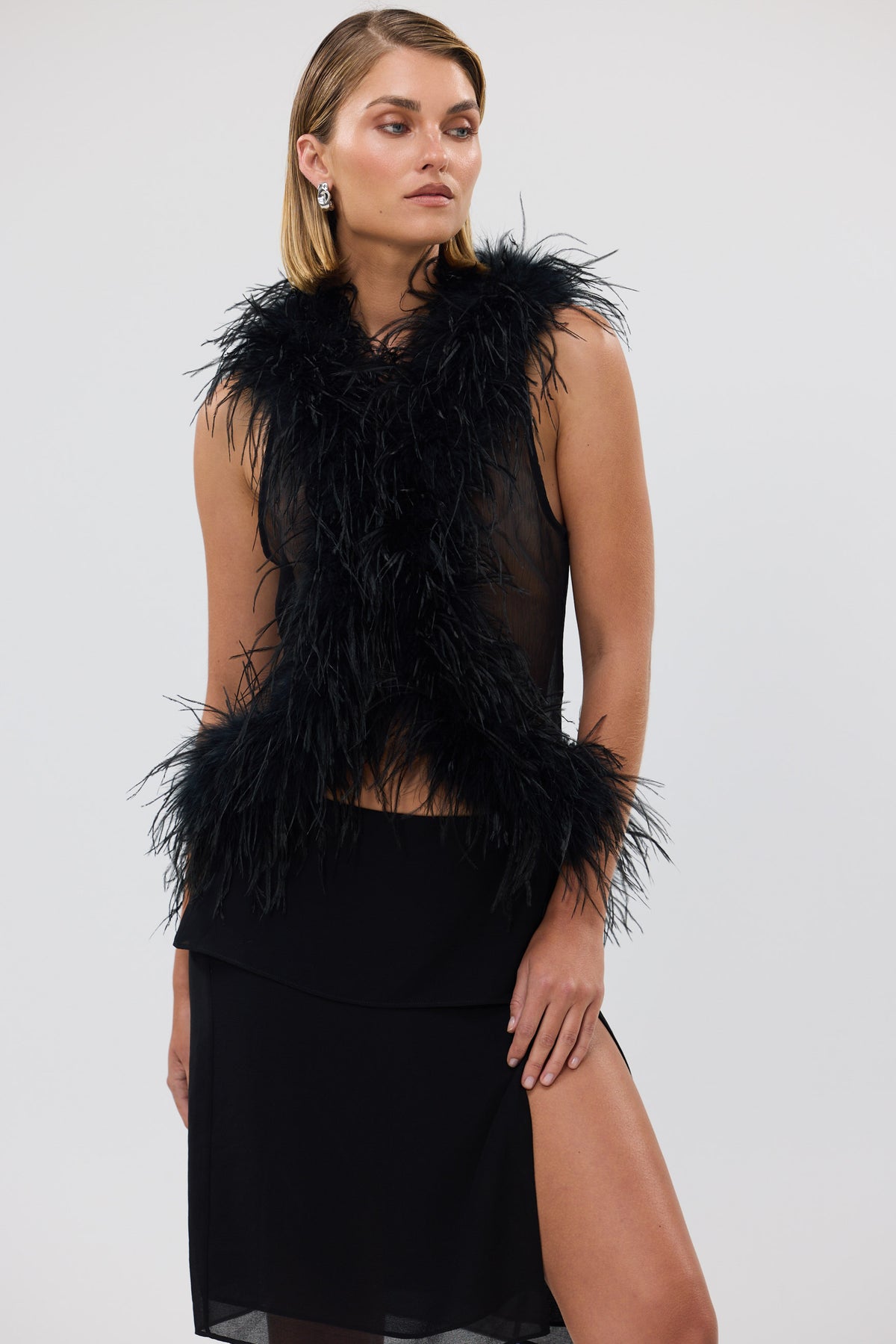 bubish Gigi Sheer Feather Vest Black FEATHER TOP