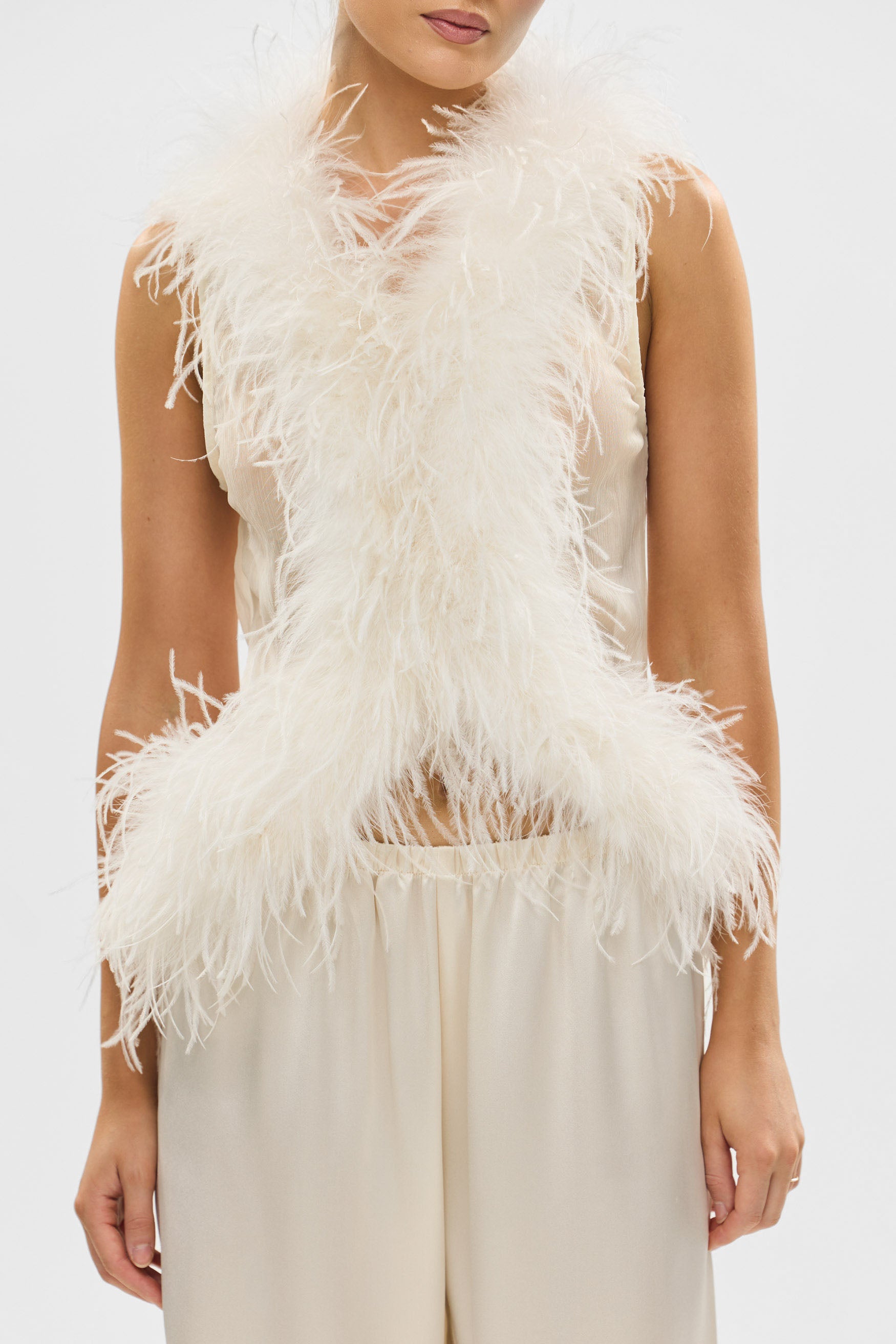 bubish Gigi Sheer Feather Vest Ivory. PARTY TOP