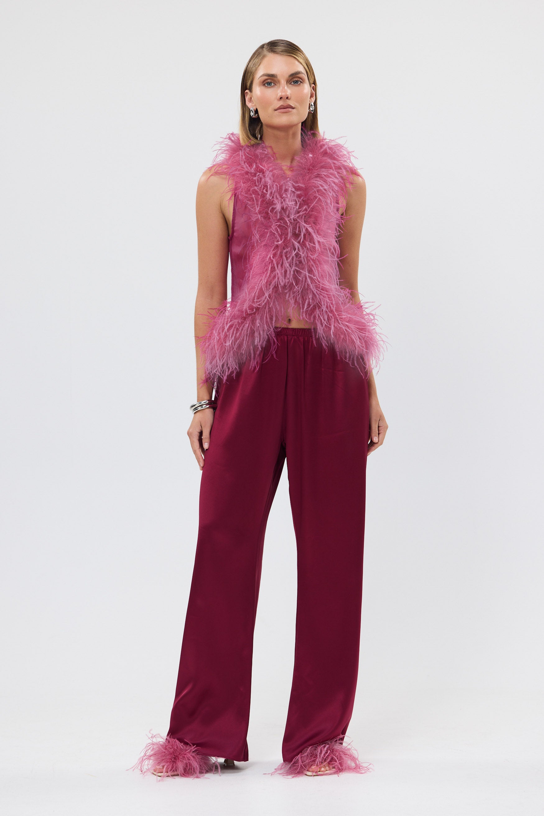 bubish Gigi Sheer Feather Vest Raspberry FEATHER TOP
